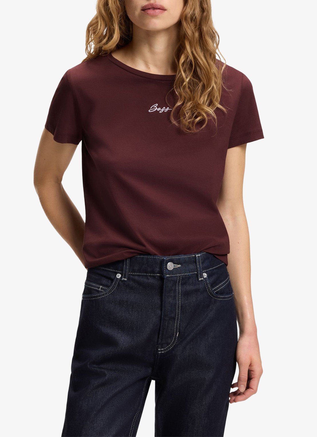BOSS Slim-fit T-shirt van katoen met logostiksel - detail roodbruin