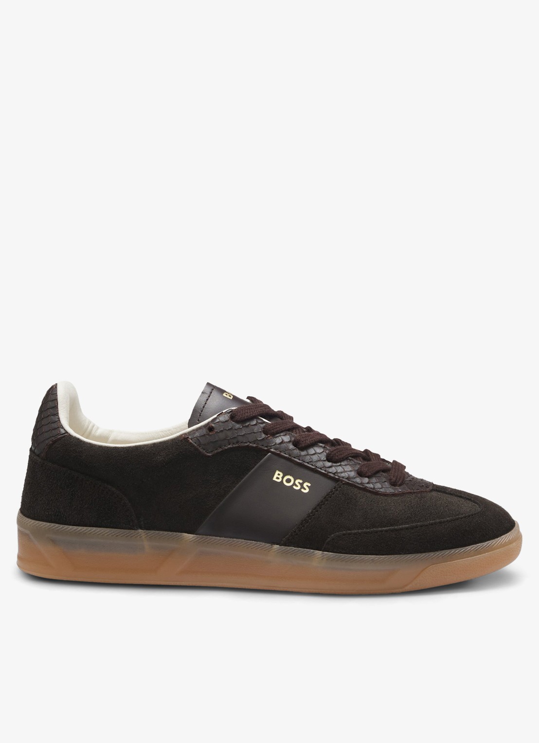 BOSS Sneakers van suède met leer details - voorkant donkerbruin