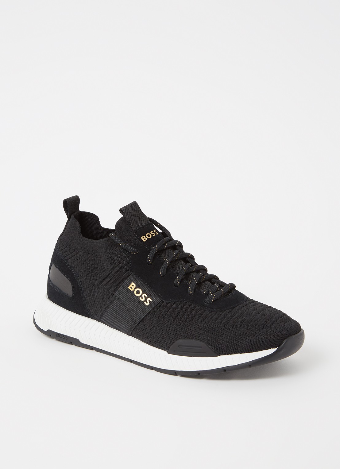 BOSS Sneakers van verschillende materialen met gebreide bovenzijde en suède details - voorkant 5 black-007 / zwart