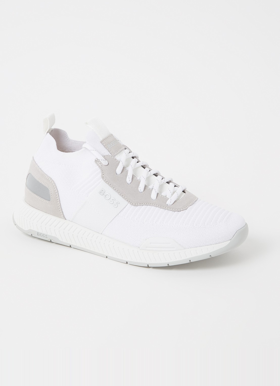 BOSS Sneakers van verschillende materialen met gebreide bovenzijde en suède details - voorkant 5 white-100 / wit