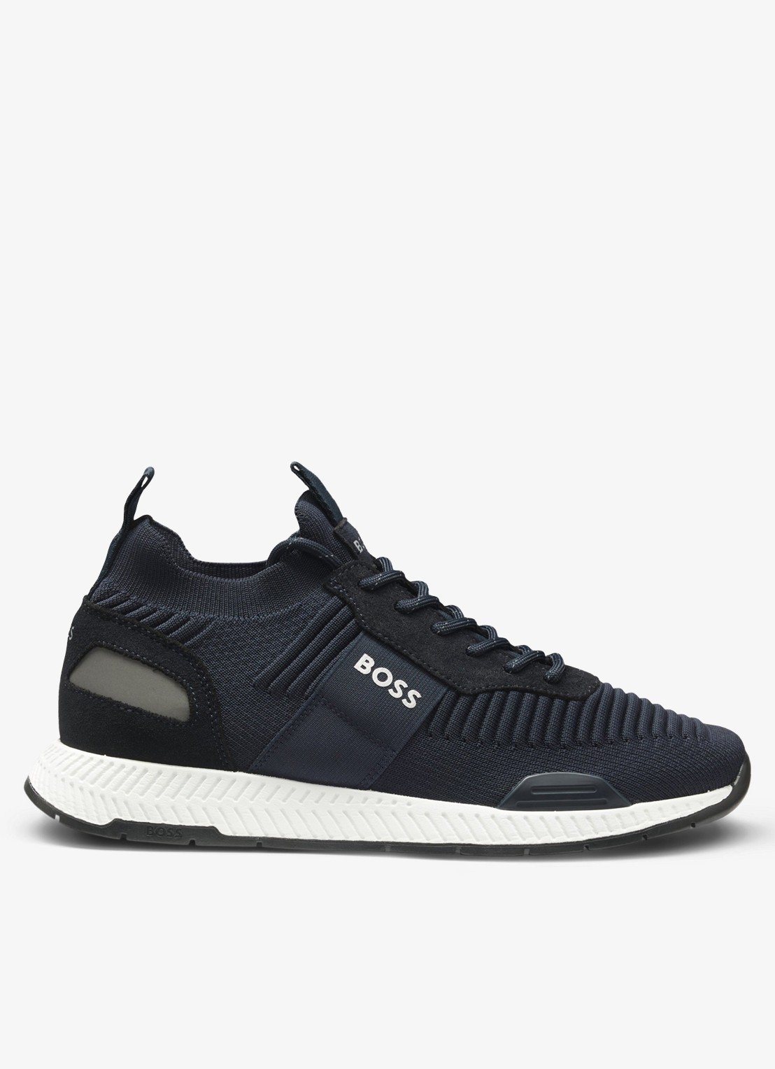 BOSS Sneakers van verschillende materialen met gebreide bovenzijde en suède details - voorkant 5 dark blue-401 / blauw