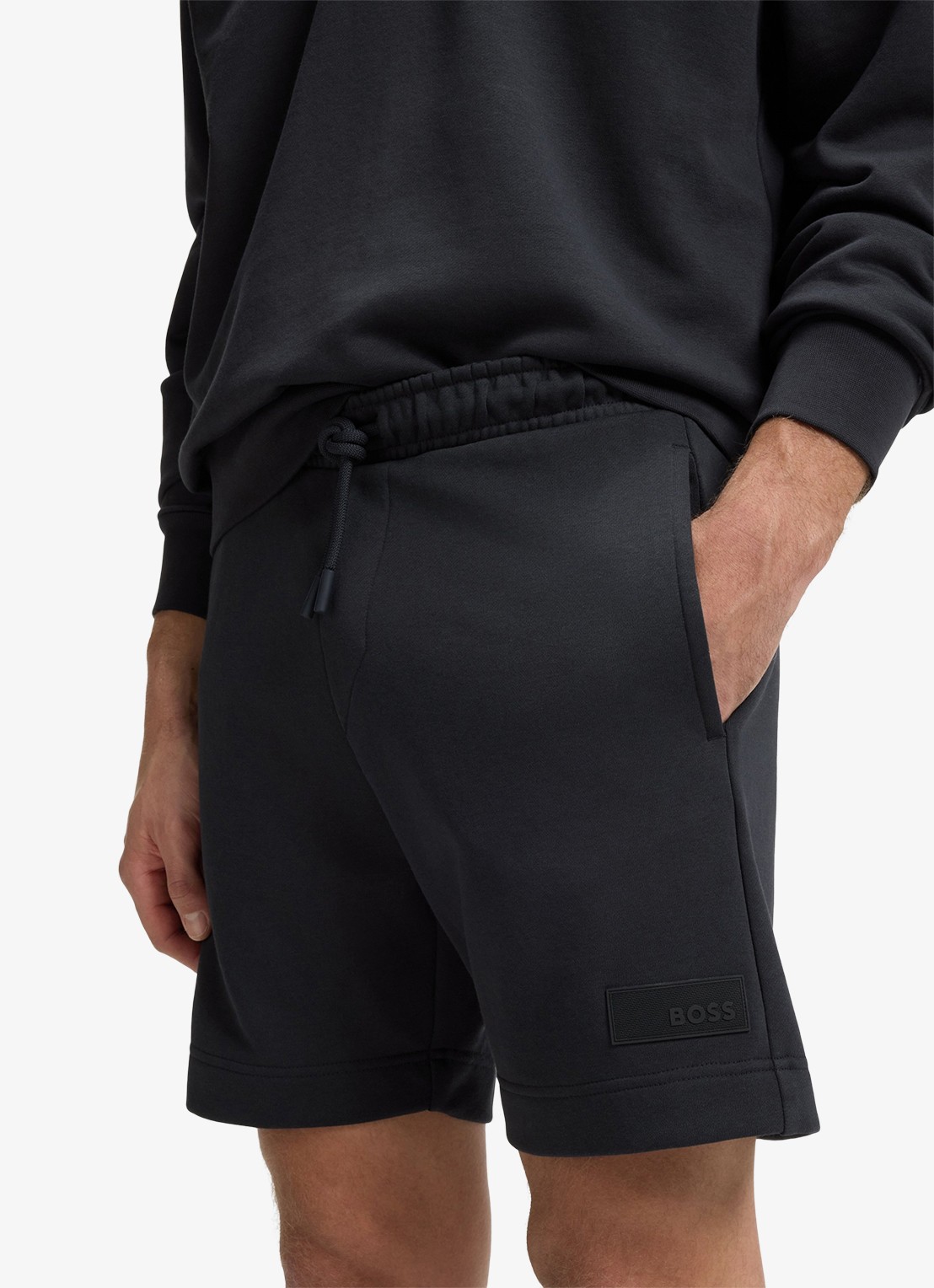 BOSS Straight fit korte joggingbroek in katoenblend - detail 2 donkerblauw
