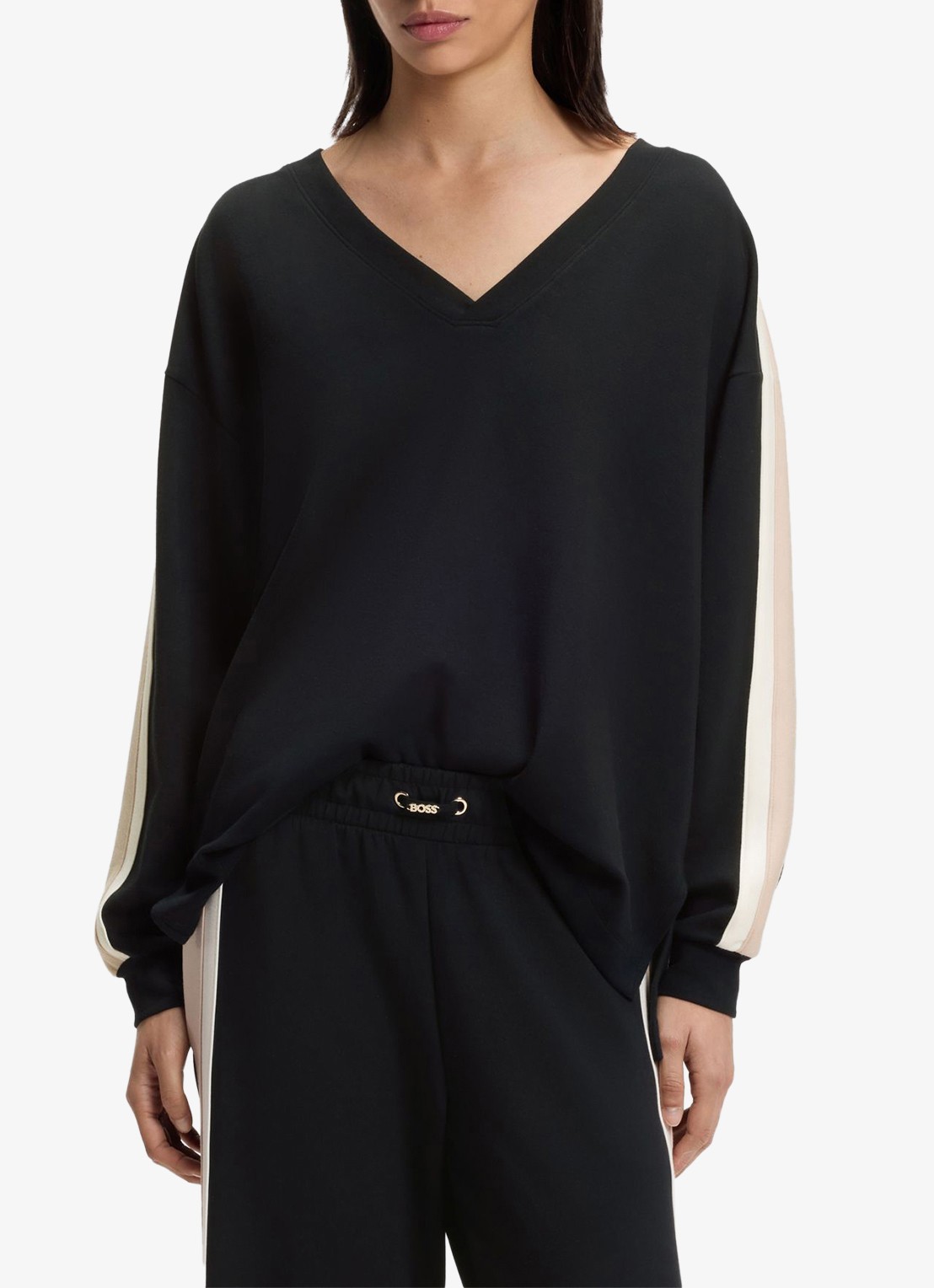 BOSS Sweater met gestreept detail - detail 2 black-001 / zwart