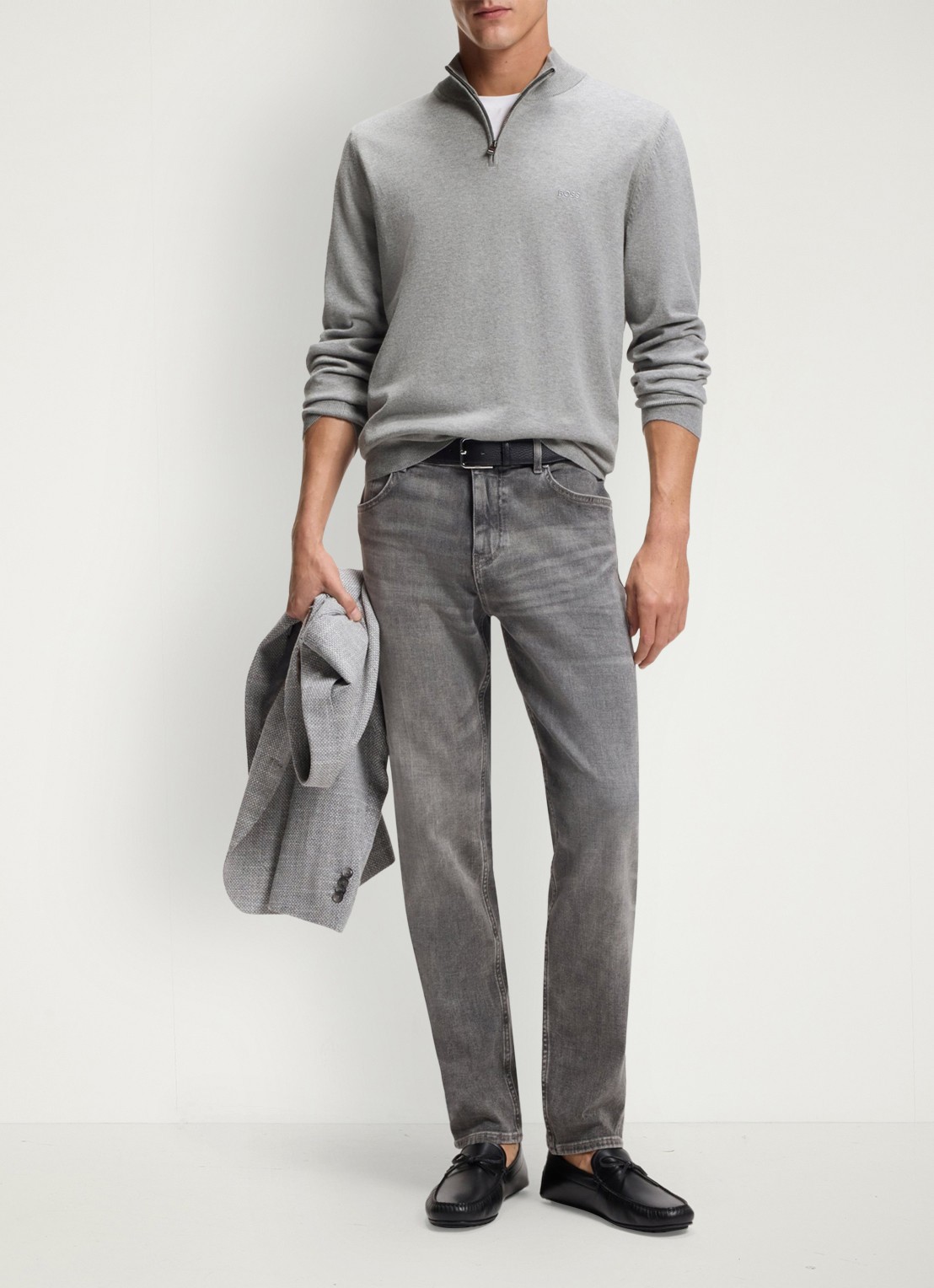 BOSS Sweater met halve rits en logo - voorkant 2 grijsmele