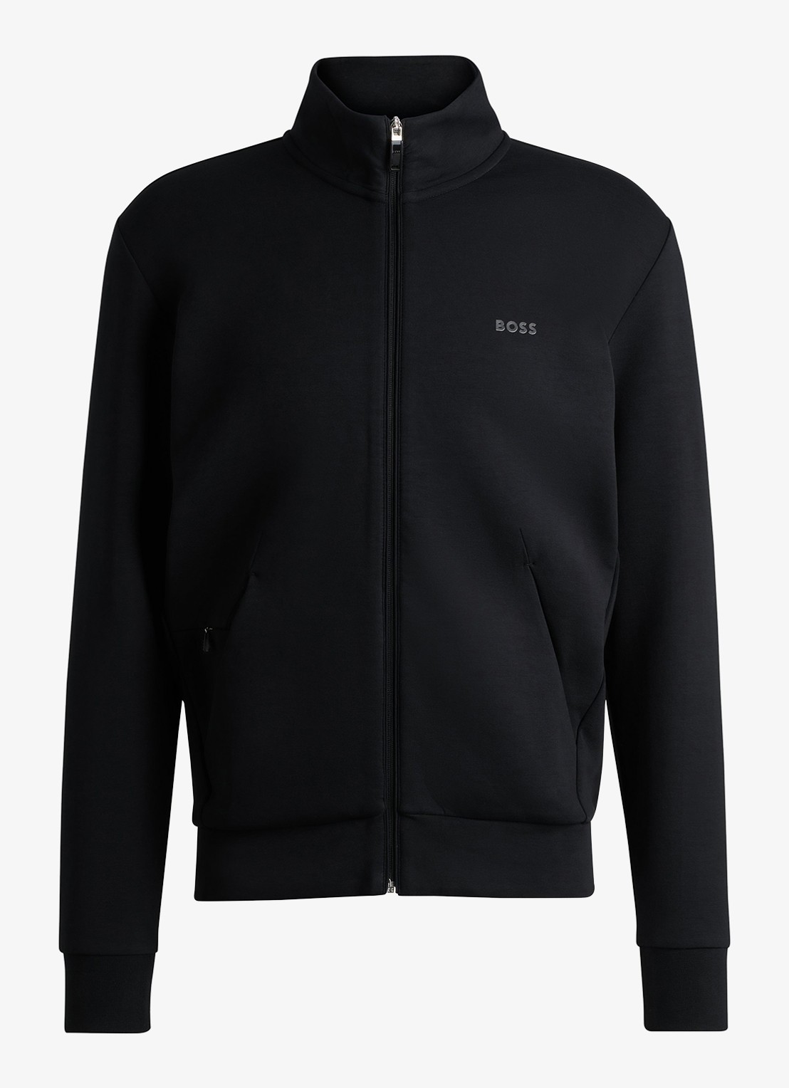 BOSS Sweatshirt van stretchkatoen met rits en logoprint - voorkant zwart