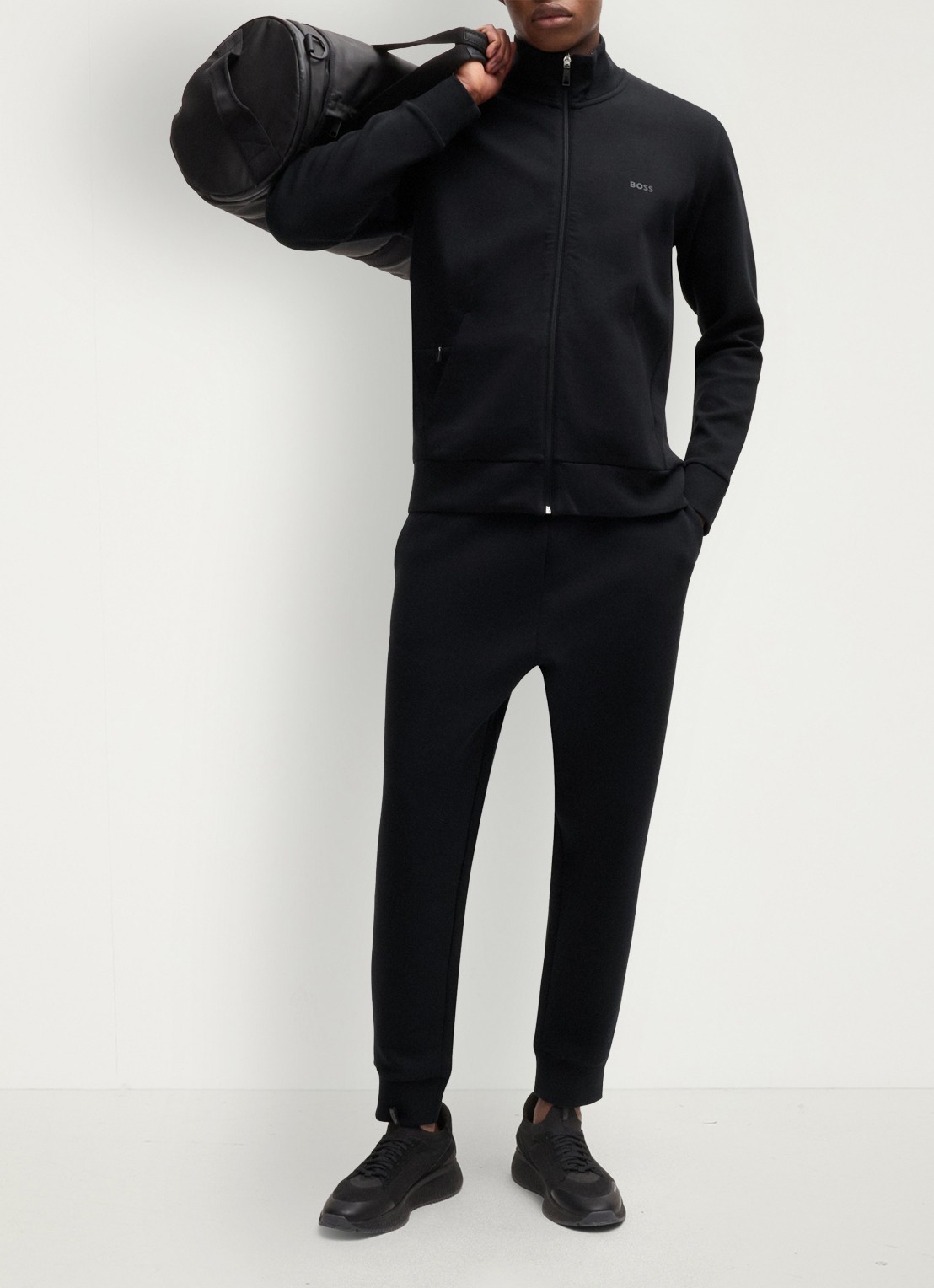 BOSS Sweatshirt van stretchkatoen met rits en logoprint - voorkant 2 zwart