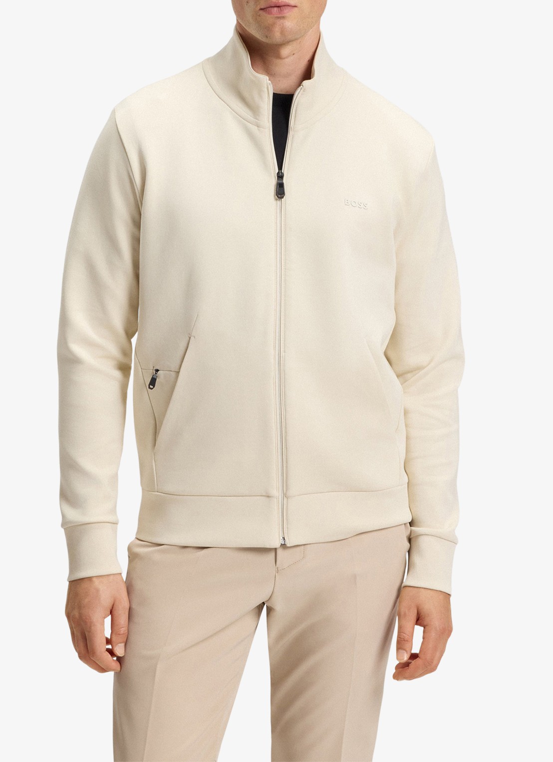 BOSS Sweatshirt van stretchkatoen met rits en logoprint - detail 2 creme