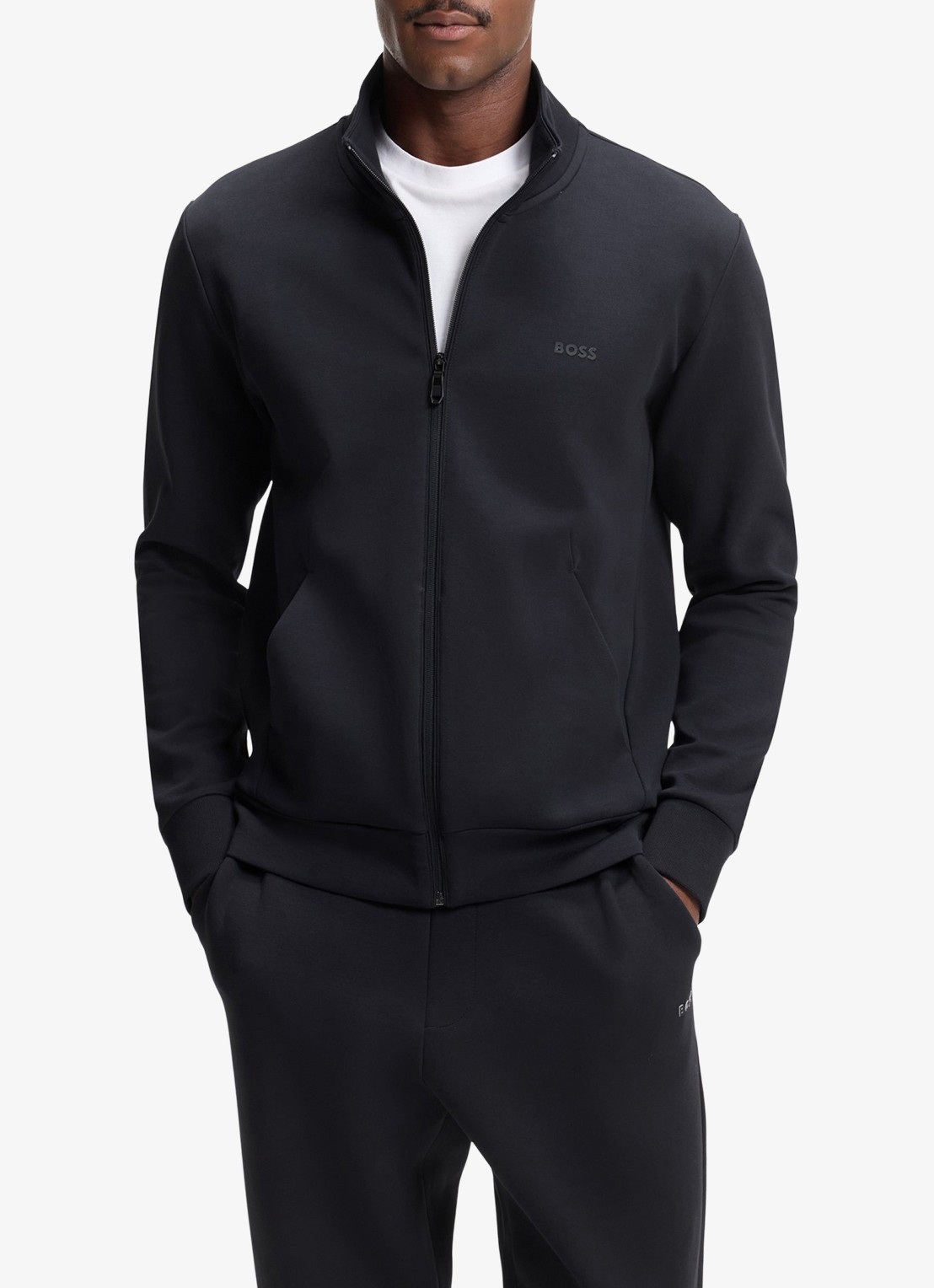BOSS Sweatshirt van stretchkatoen met rits en logoprint - detail 4 donkerblauw