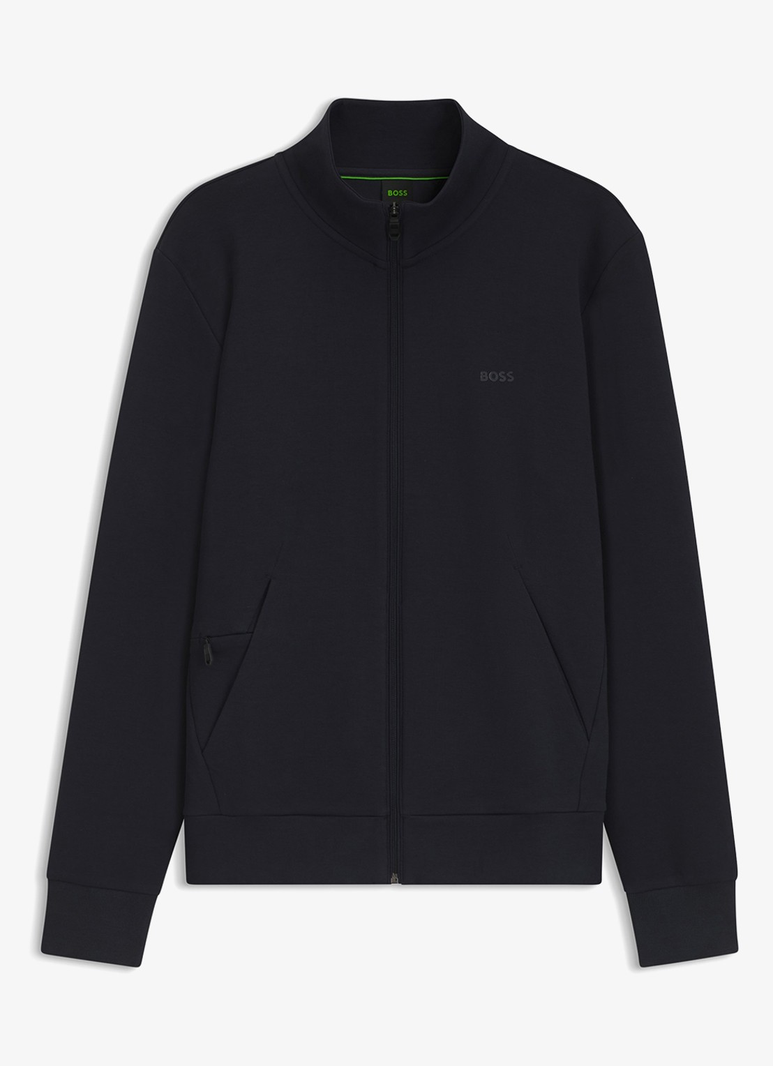 BOSS Sweatshirt van stretchkatoen met rits en logoprint - voorkant donkerblauw
