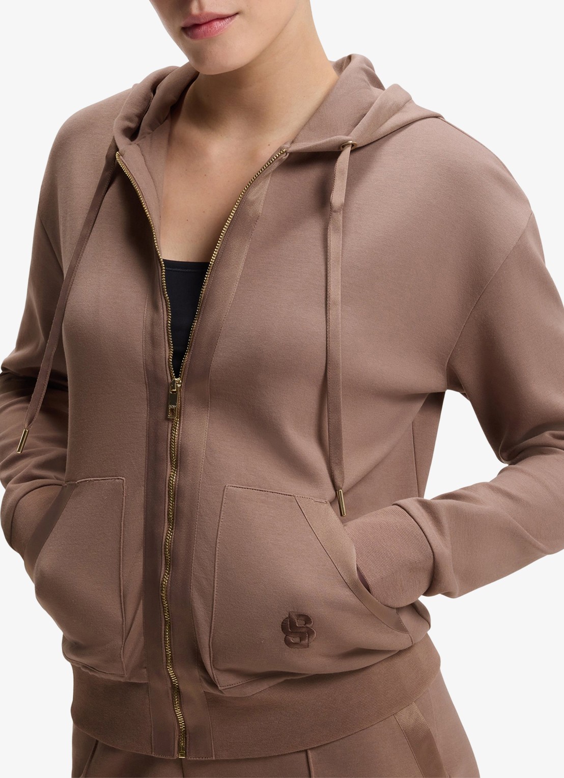 BOSS Sweatvest met logoborduring en capuchon - detail 3 lichtbruin