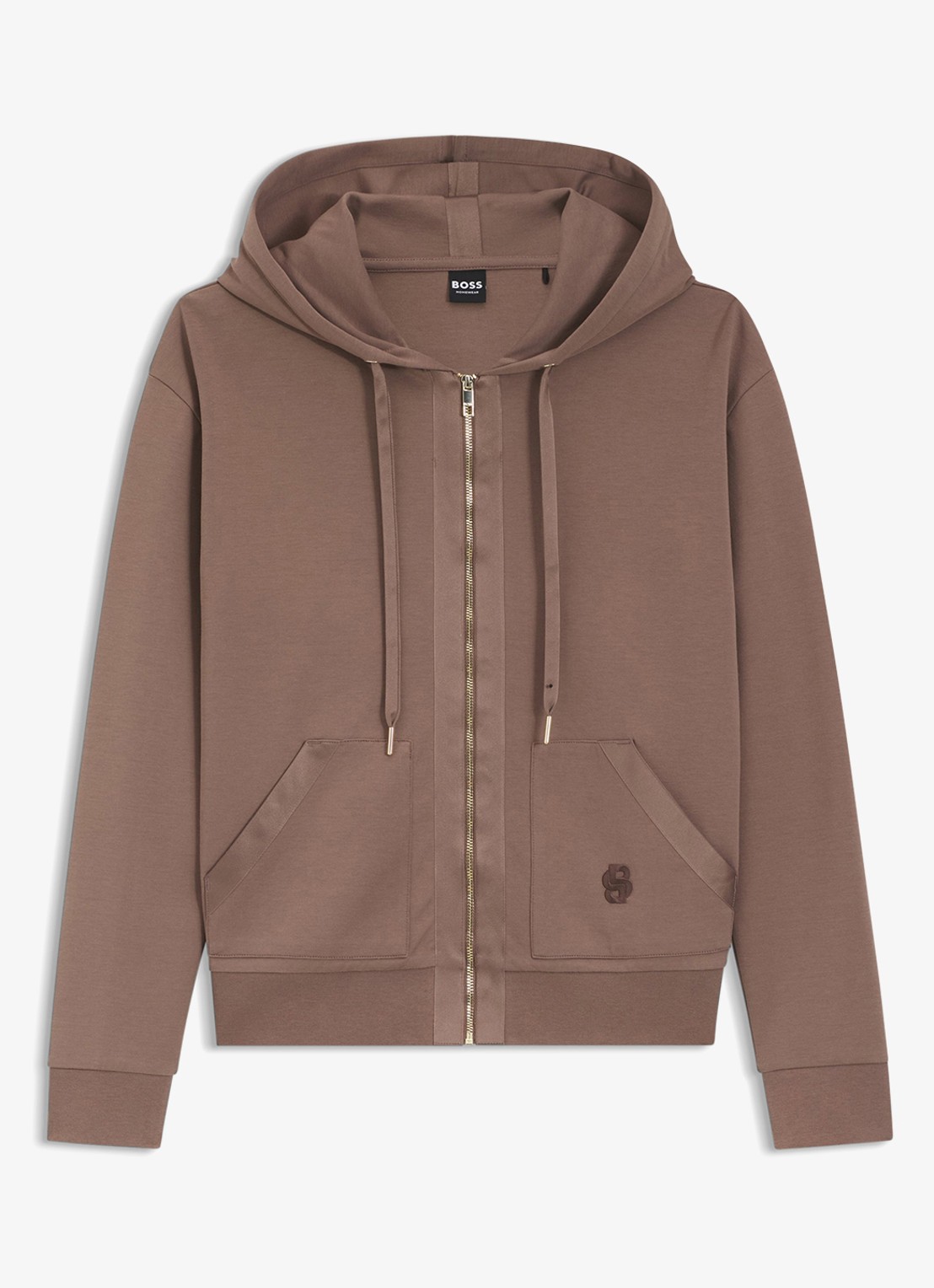 BOSS Sweatvest met logoborduring en capuchon - voorkant 4 lichtbruin