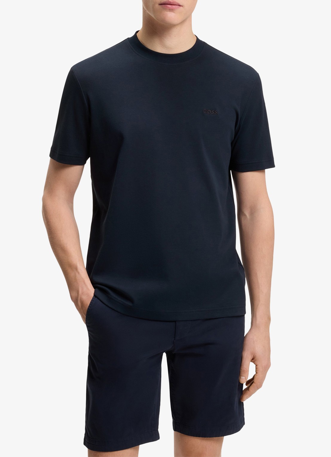 BOSS T-shirt met logoborduring  - detail donkerblauw