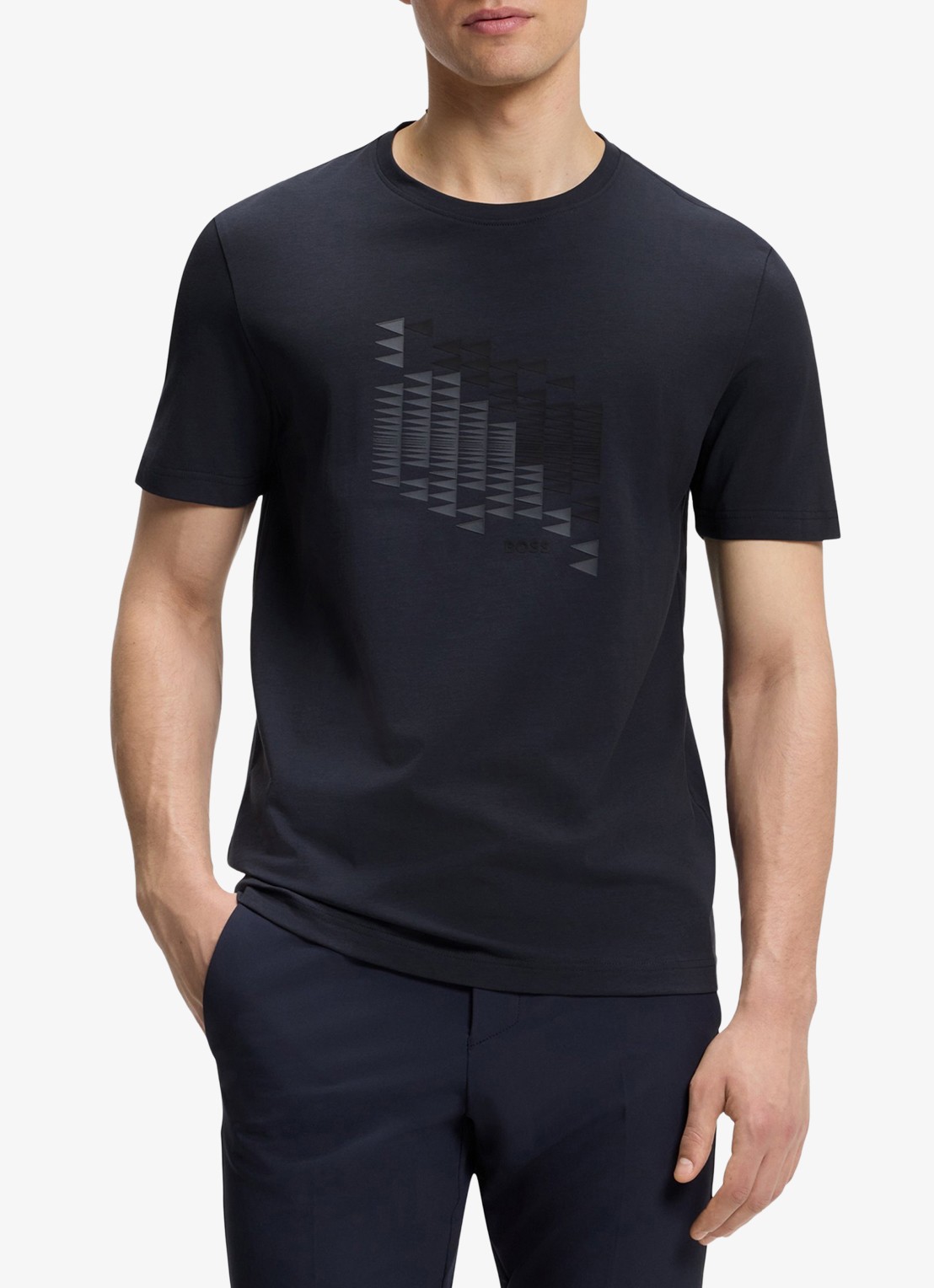 BOSS T-shirt met logoprint - detail donkerblauw