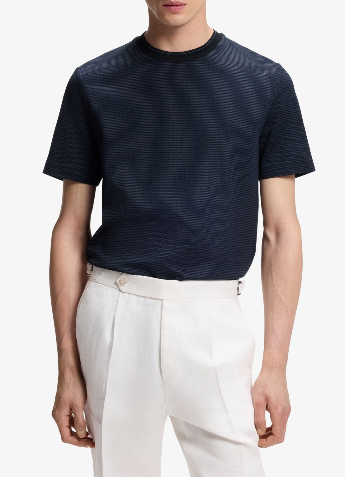 BOSS T-shirt met streepprint en ronde hals - detail 4 donkerblauw