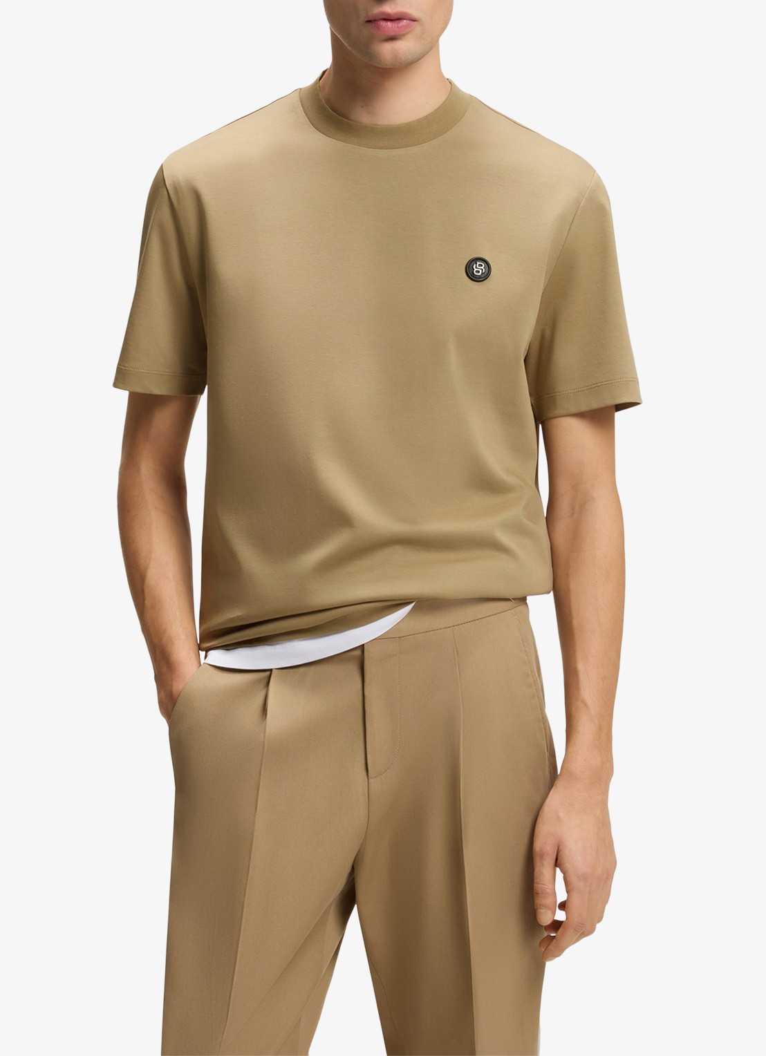 BOSS T-shirt van gemerceriseerde katoen met Double B-monogram - detail 2 dark beige-252 / beige