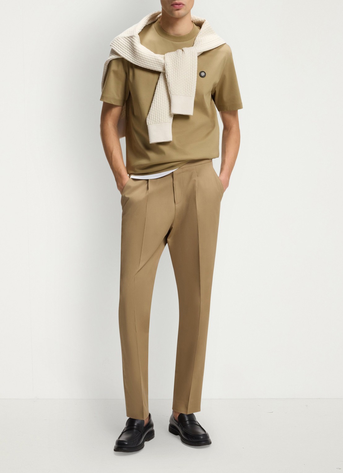 BOSS T-shirt van gemerceriseerde katoen met Double B-monogram - voorkant 5 dark beige-252 / beige