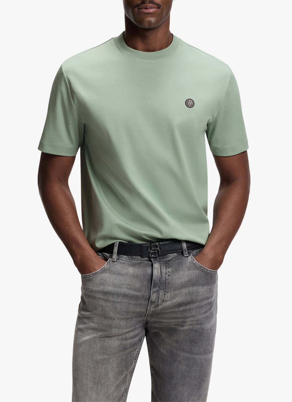BOSS T-shirt van gemerceriseerde katoen met Double B-monogram - detail open green-373 / groen