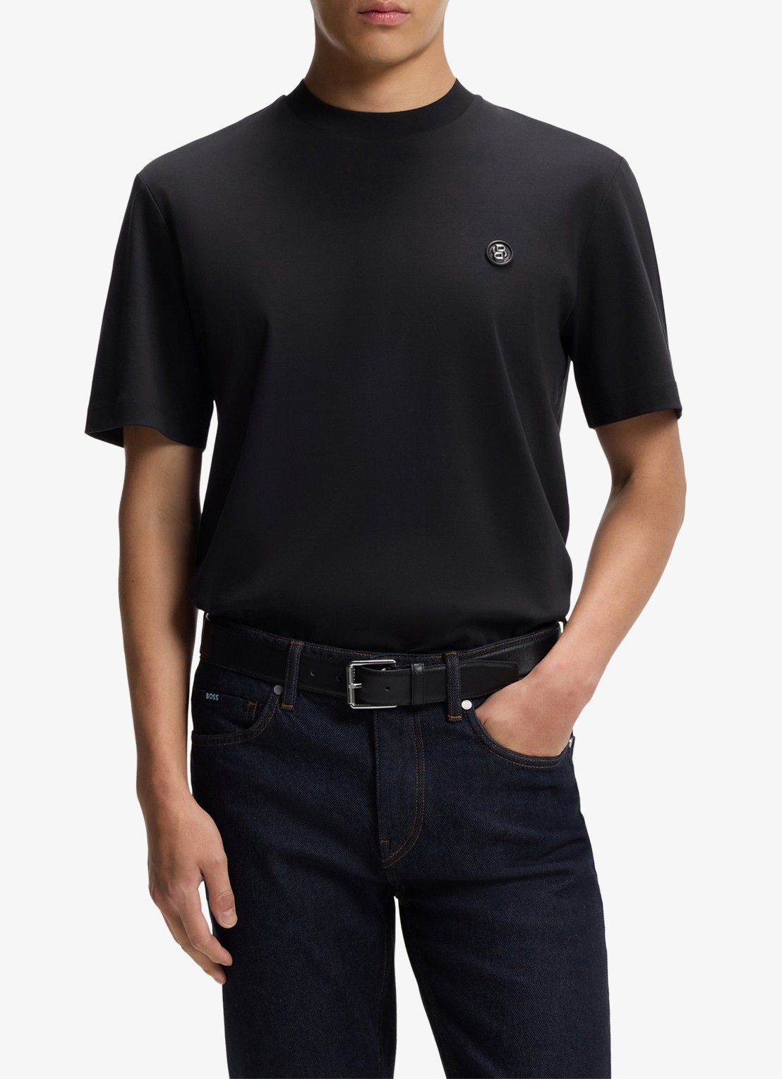 BOSS T-shirt van gemerceriseerde katoen met Double B-monogram - detail dark blue-404 / blauw
