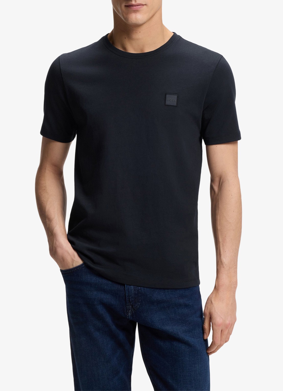 BOSS T-shirt van katoenen jersey met logopatch - detail donkerblauw