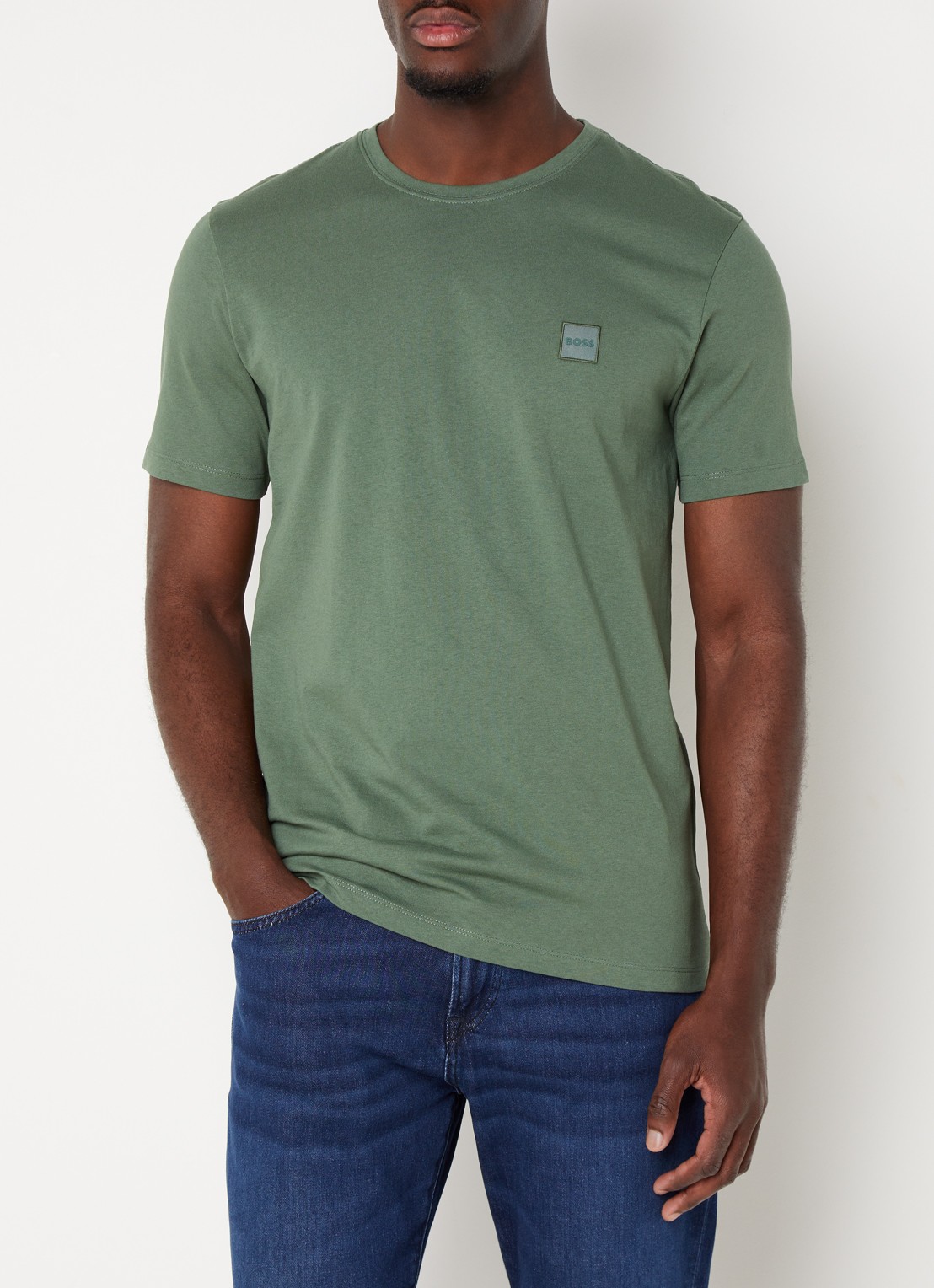 BOSS T-shirt van katoenen jersey met logopatch - detail 4 olijfgroen