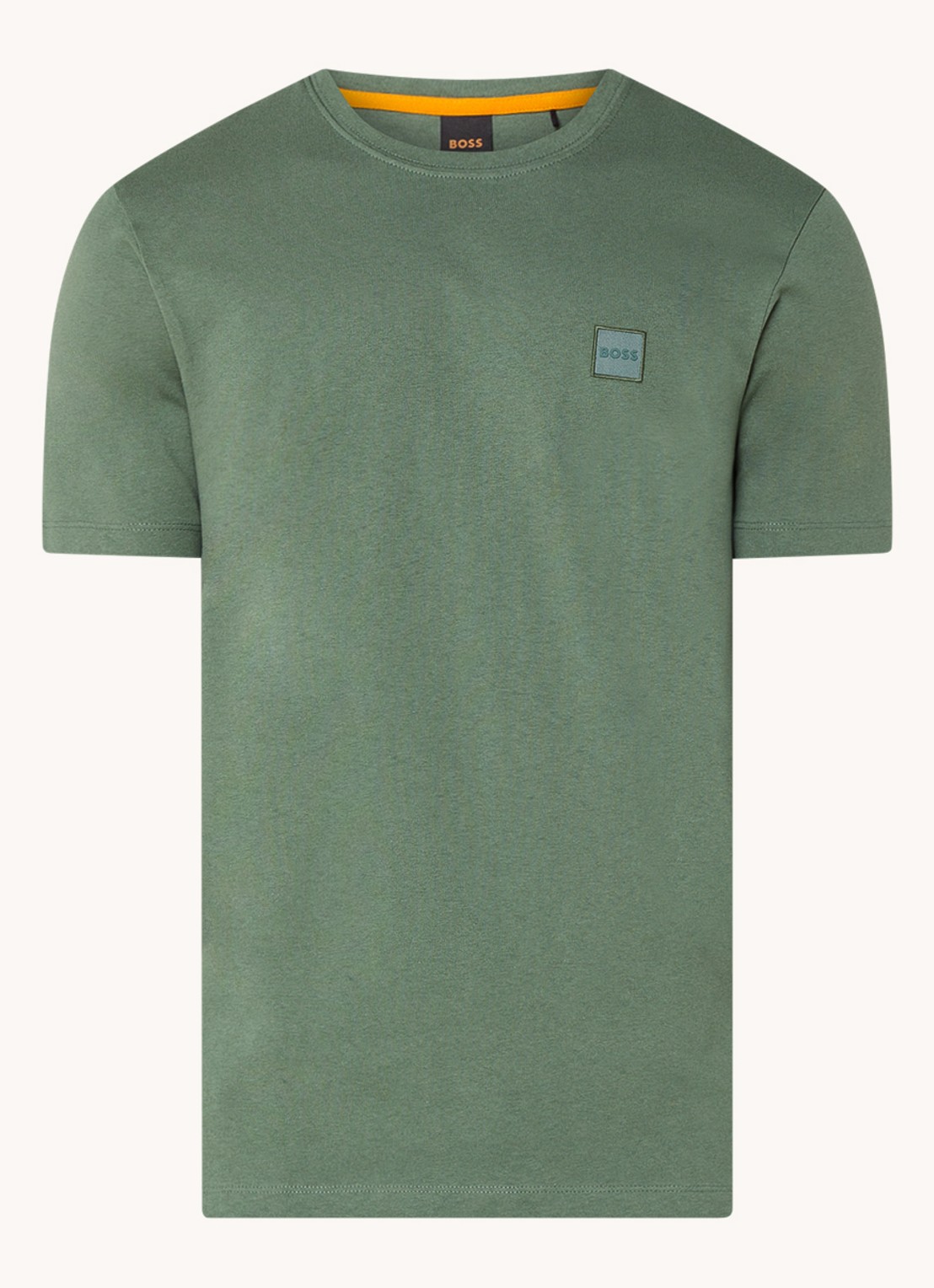 BOSS T-shirt van katoenen jersey met logopatch - voorkant 2 olijfgroen