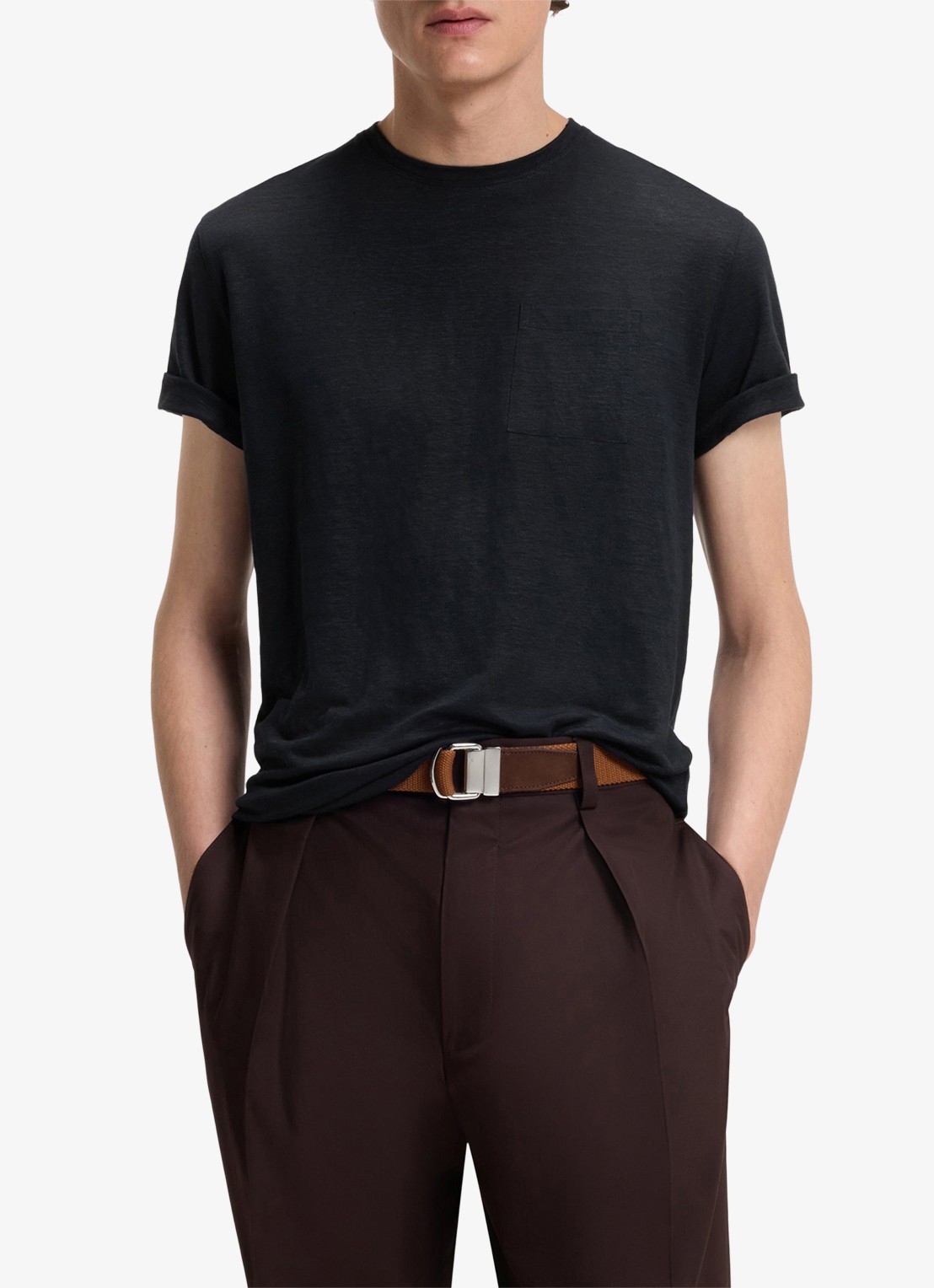 BOSS T-shirt van linnen met borstzak - detail dark blue-409 / blauw