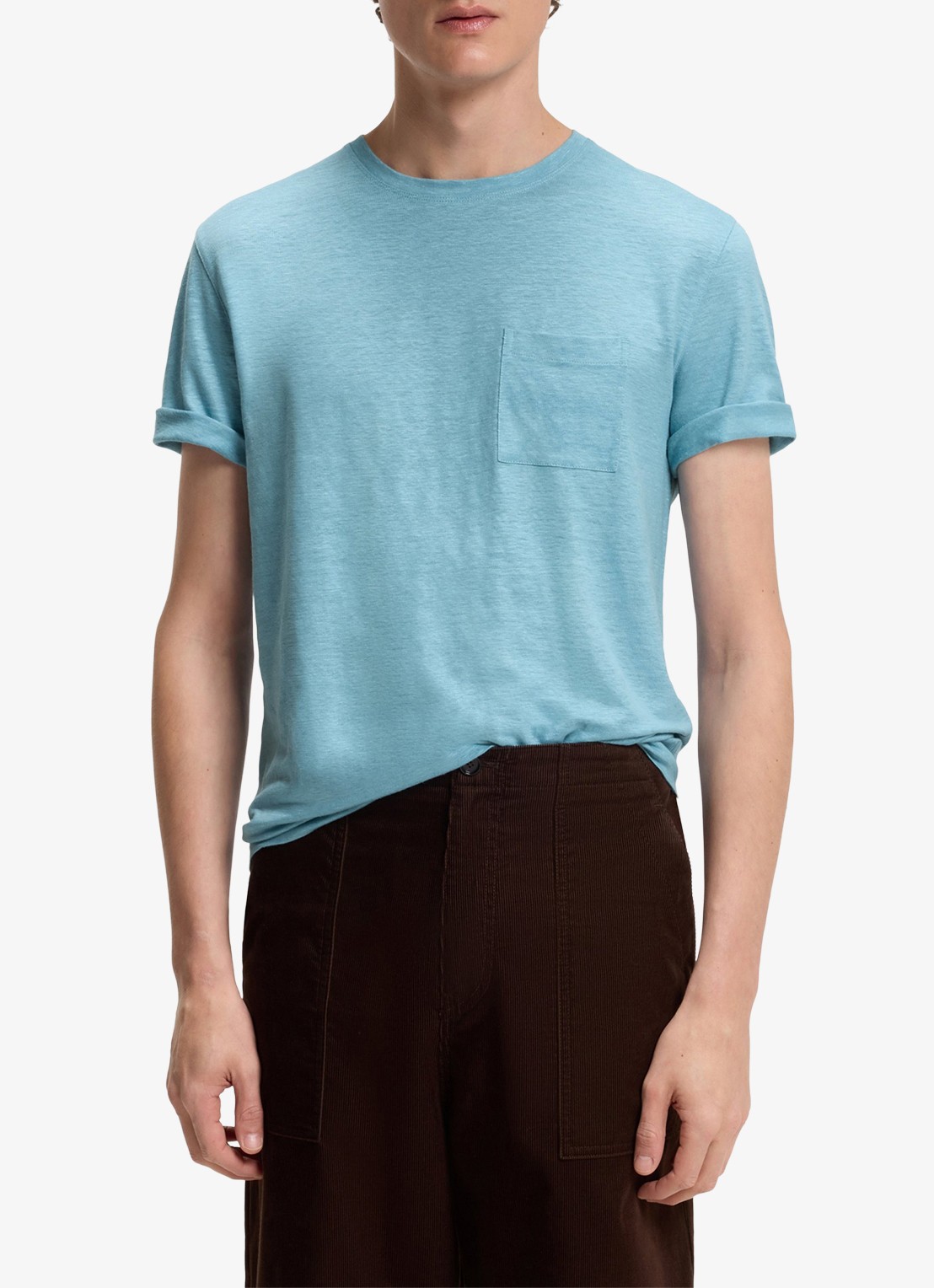 BOSS T-shirt van linnen met borstzak - detail 3 open blue-486 / blauw