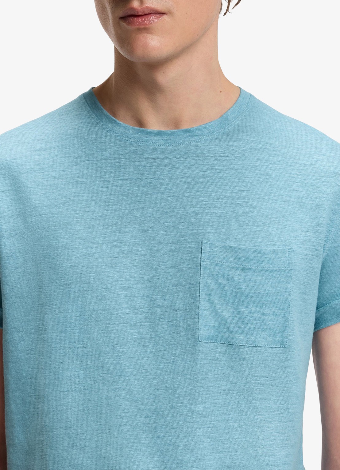 BOSS T-shirt van linnen met borstzak - detail 4 open blue-486 / blauw