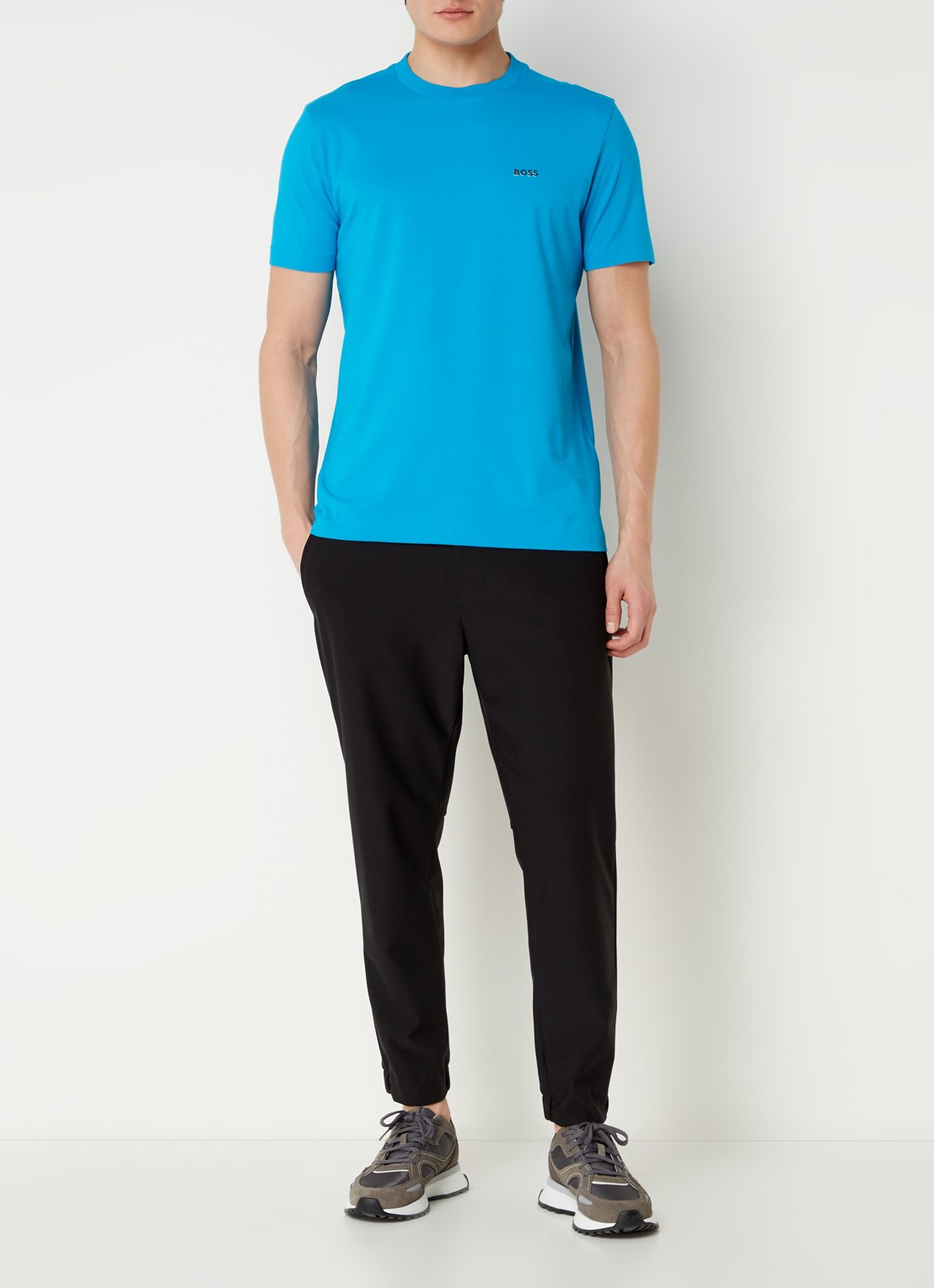 BOSS T-shirt van stretchkatoen met logodetail - voorkant 4 turquoise/aqua-442 / blauw