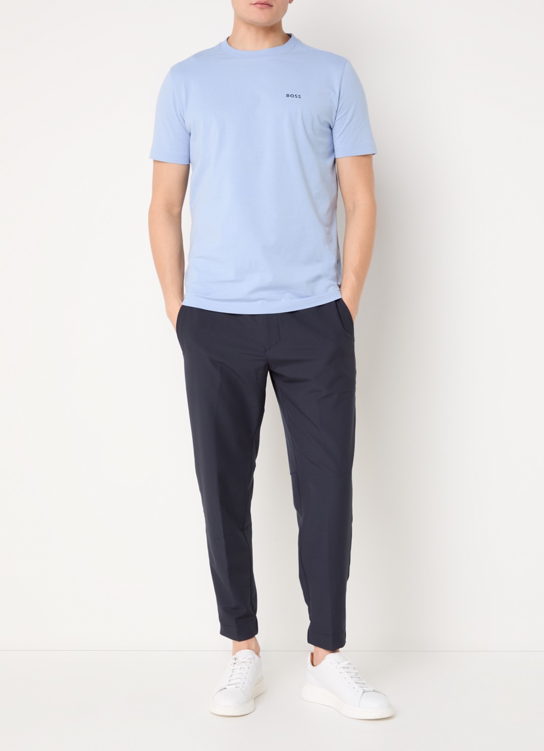 BOSS T-shirt van stretchkatoen met logodetail - voorkant 3 open blue-499 / blauw