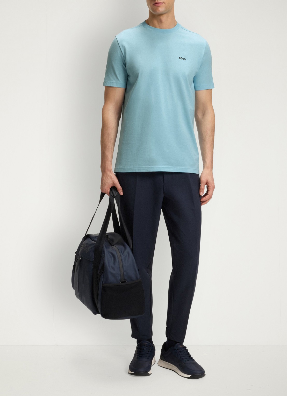 BOSS T-shirt van stretchkatoen met logodetail - voorkant 4 light/pastel blue-455 / blauw
