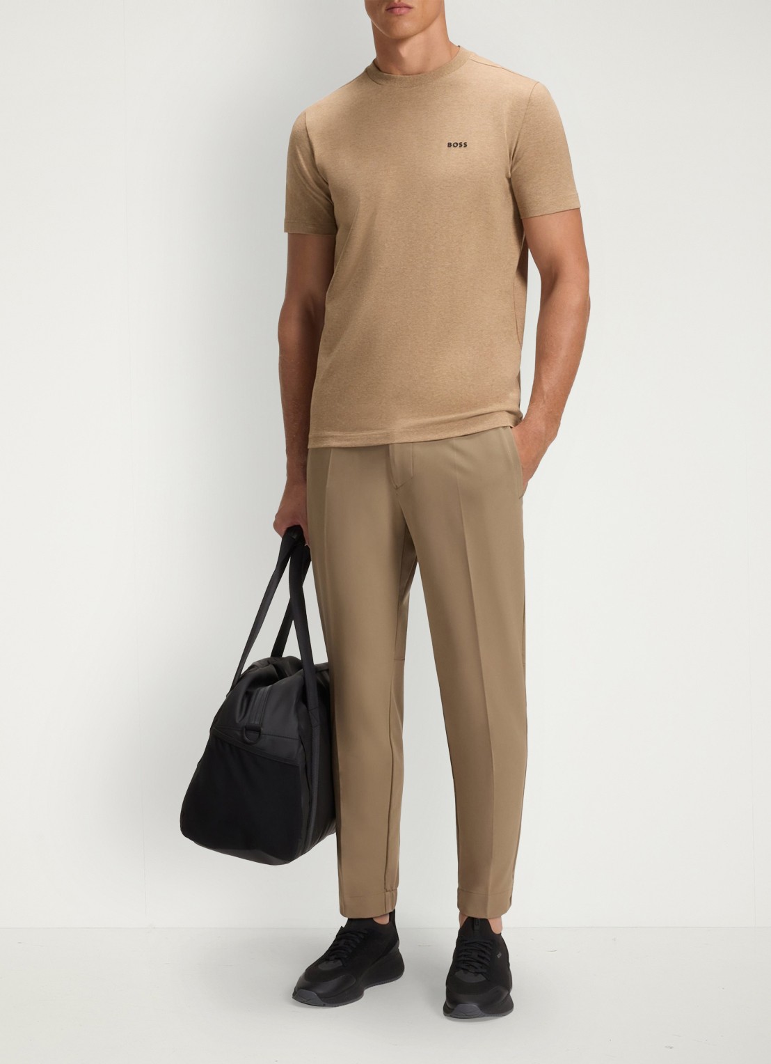 BOSS T-shirt van stretchkatoen met logodetail - voorkant 2 medium beige-266 / beige
