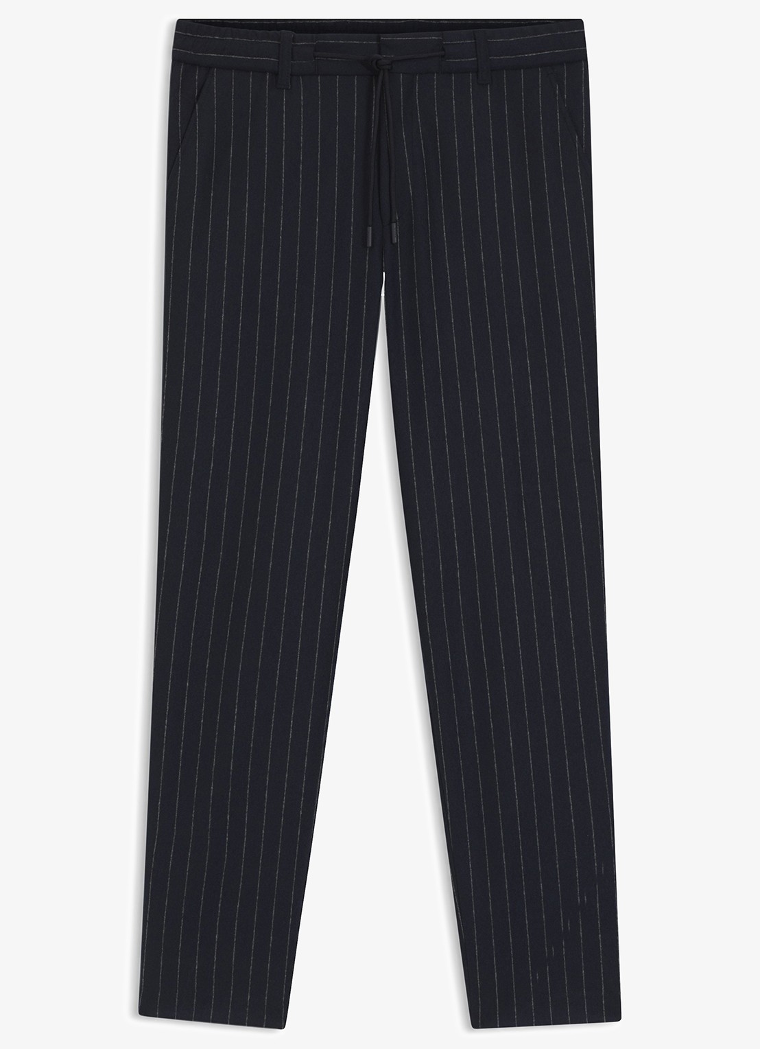 BOSS Tapered fit chino in wolblend met krijtstreep en trekkoord - voorkant donkerblauw