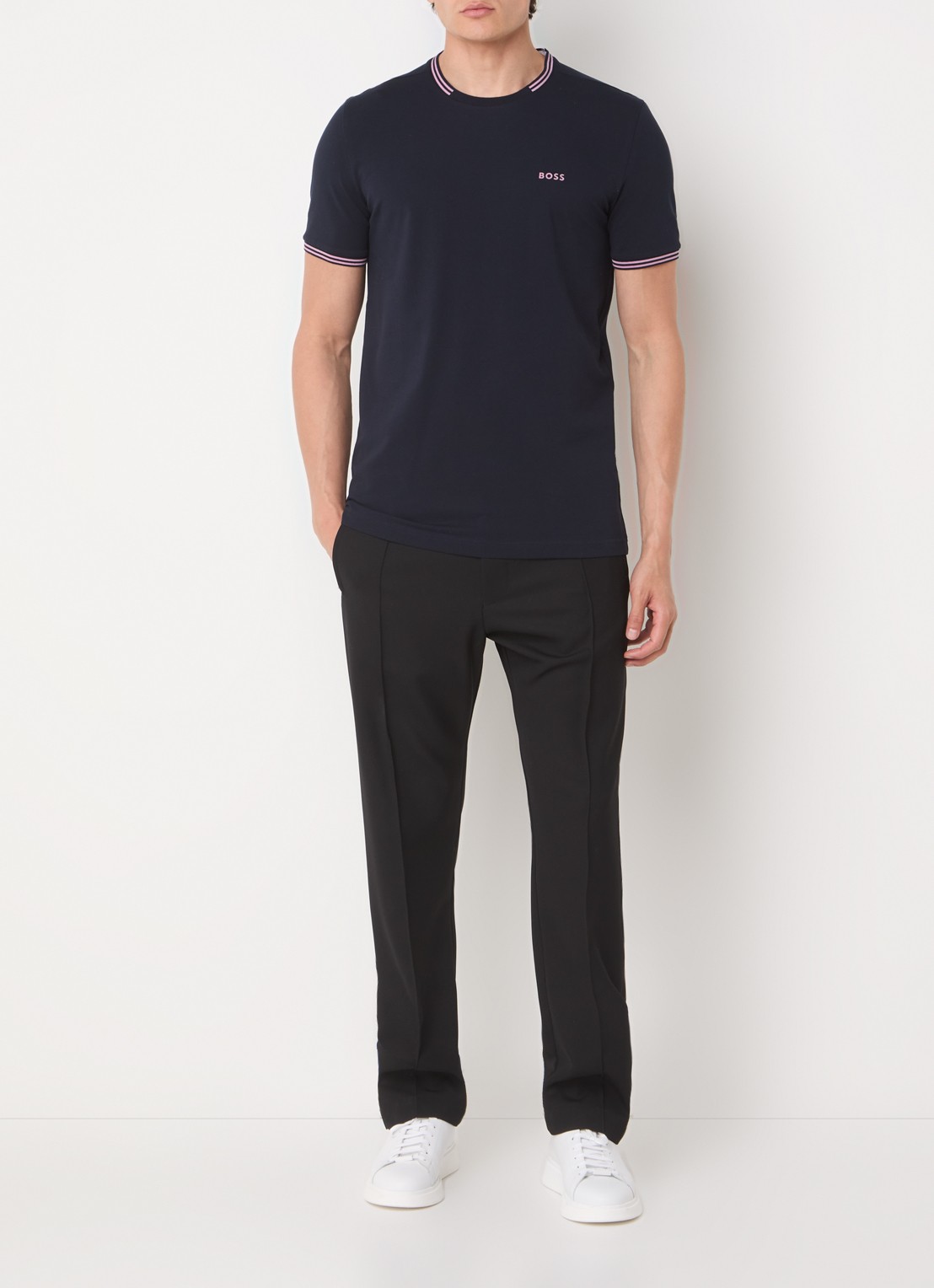 BOSS Taul T-shirt met logo en stretch - voorkant 2 donkerblauw