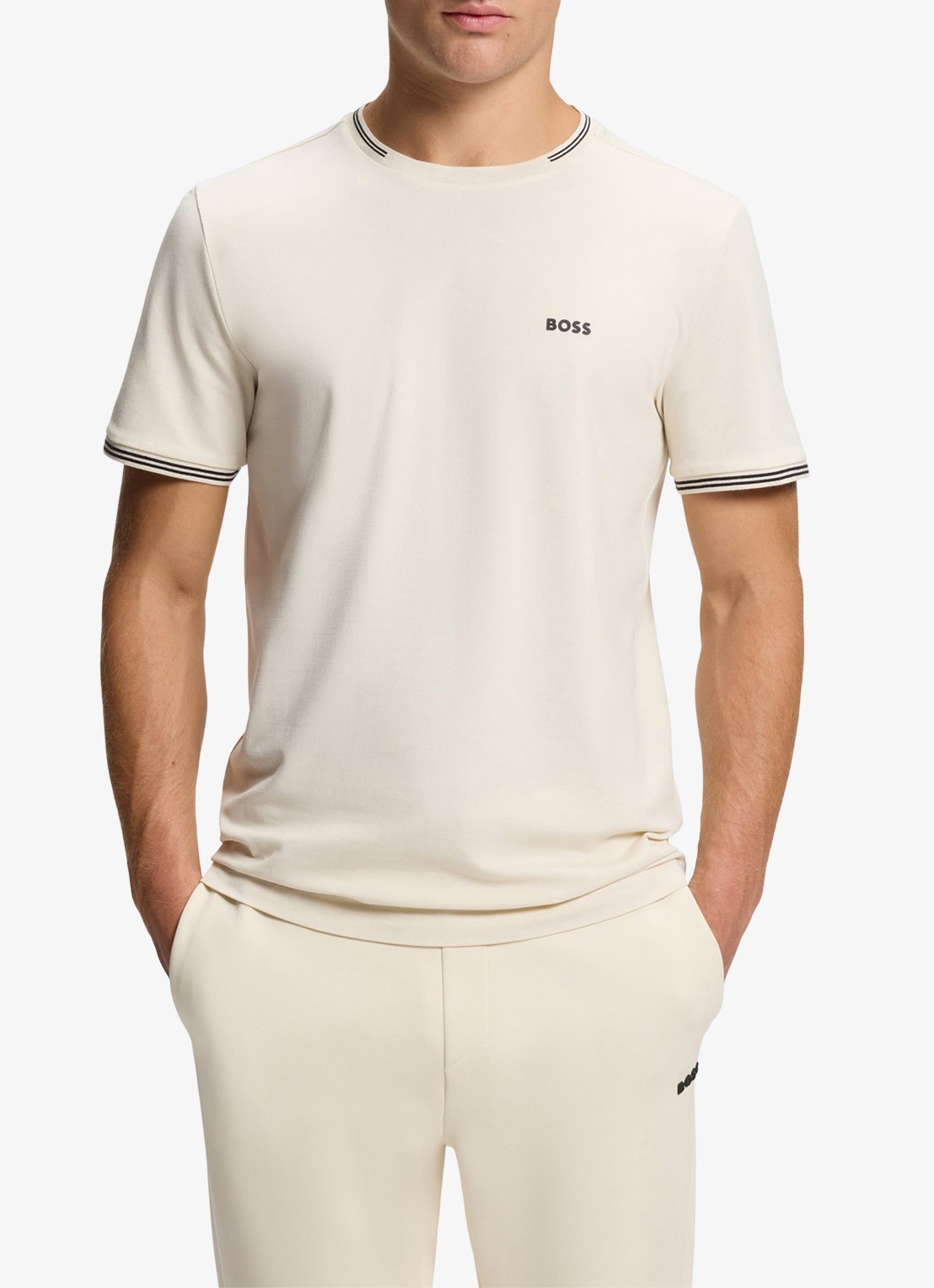 BOSS Taul T-shirt met logo en stretch - detail 4 parelmoer