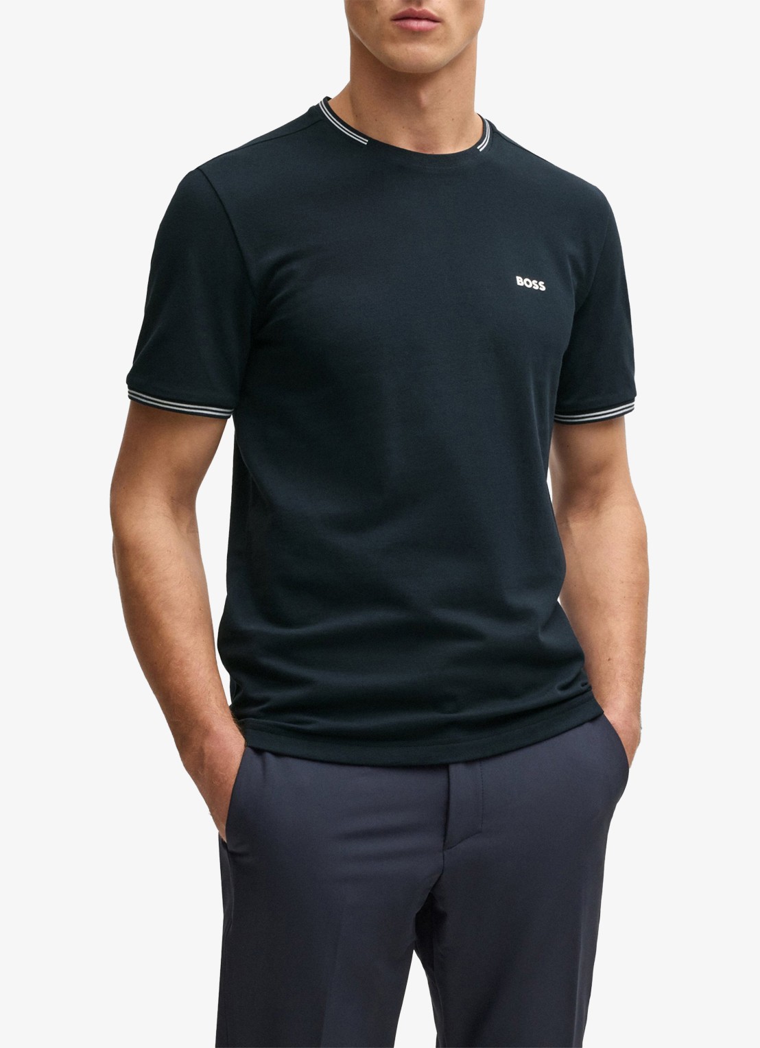 BOSS Taul T-shirt met logo en stretch - detail 4 donkerblauw