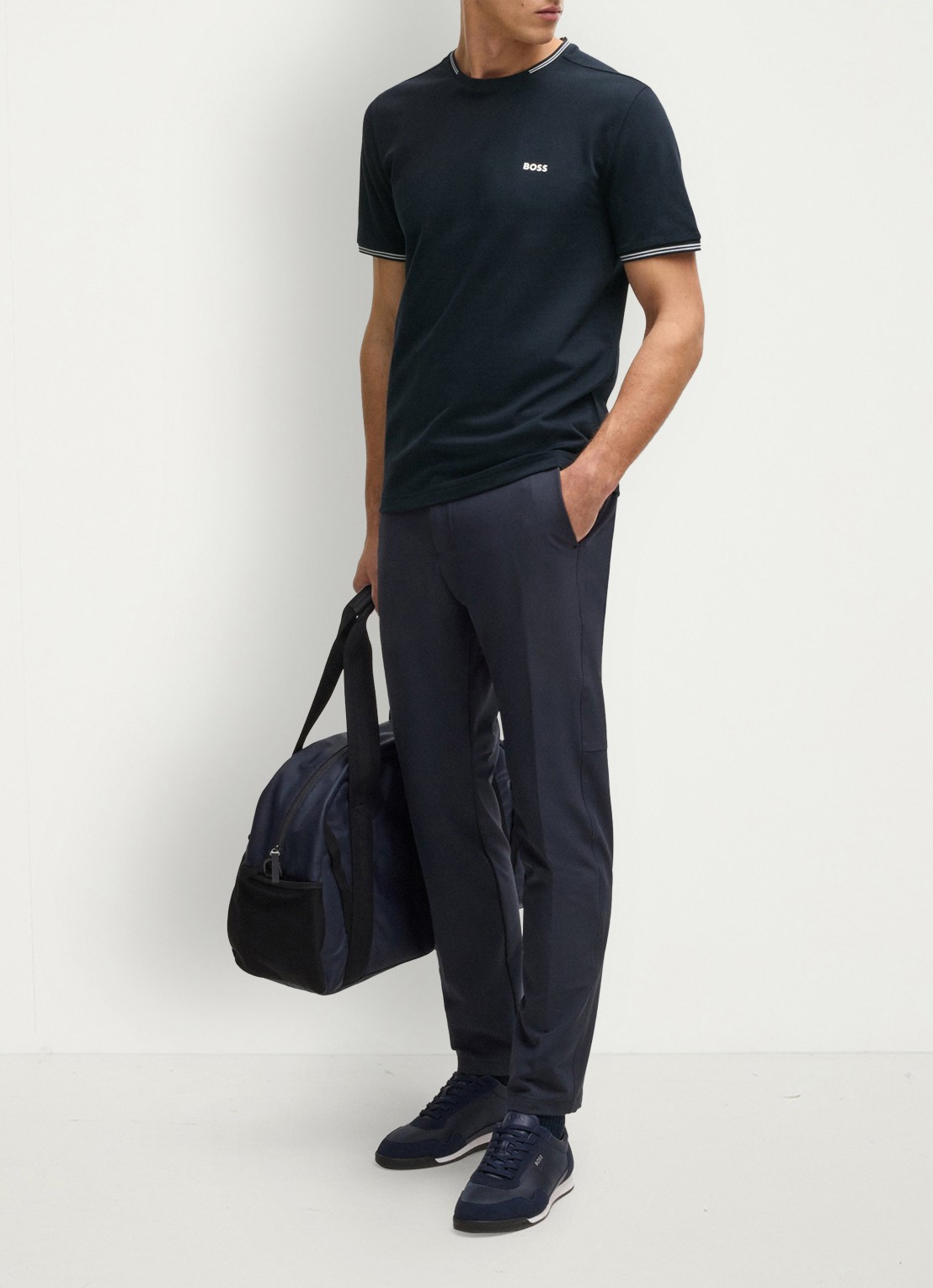 BOSS Taul T-shirt met logo en stretch - voorkant 2 donkerblauw