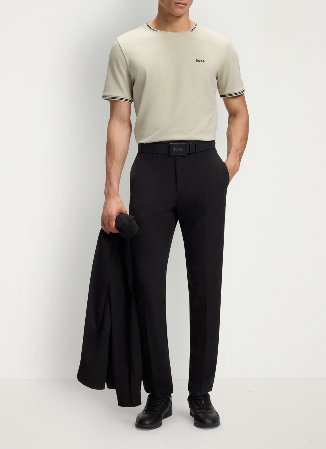 BOSS Taul T-shirt met logo en stretch - voorkant 2 light beige-275