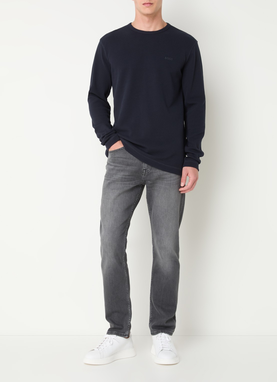 BOSS Tempesto longsleeve met structuur en logo - voorkant 3 donkerblauw