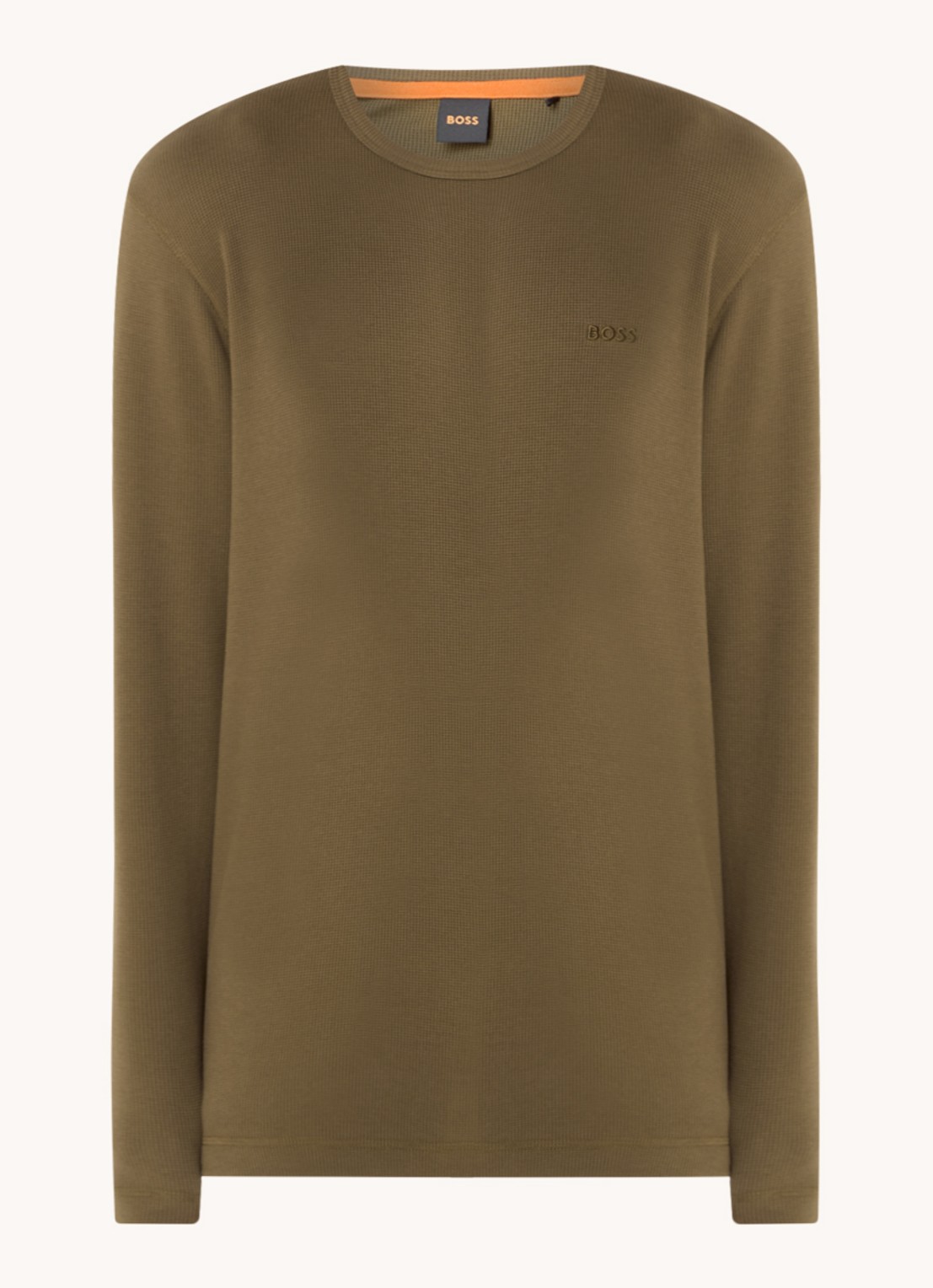BOSS Tempesto longsleeve met structuur en logo - voorkant mosgroen