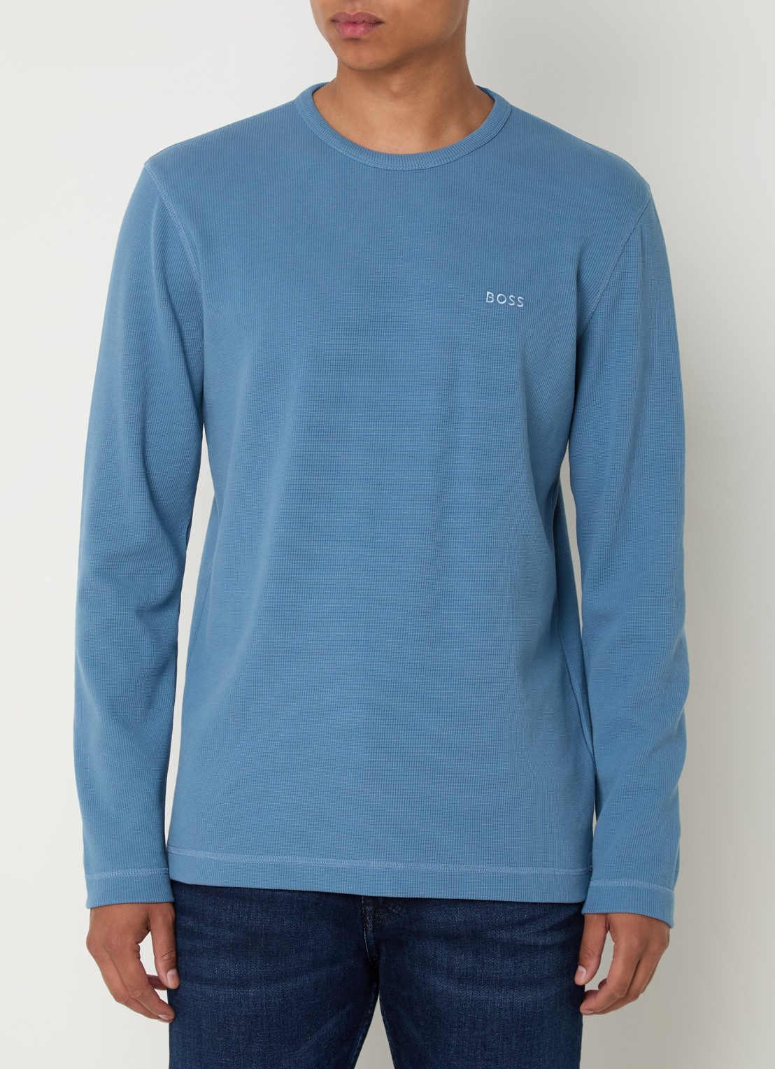 BOSS Tempesto longsleeve met structuur en logo - detail petrol