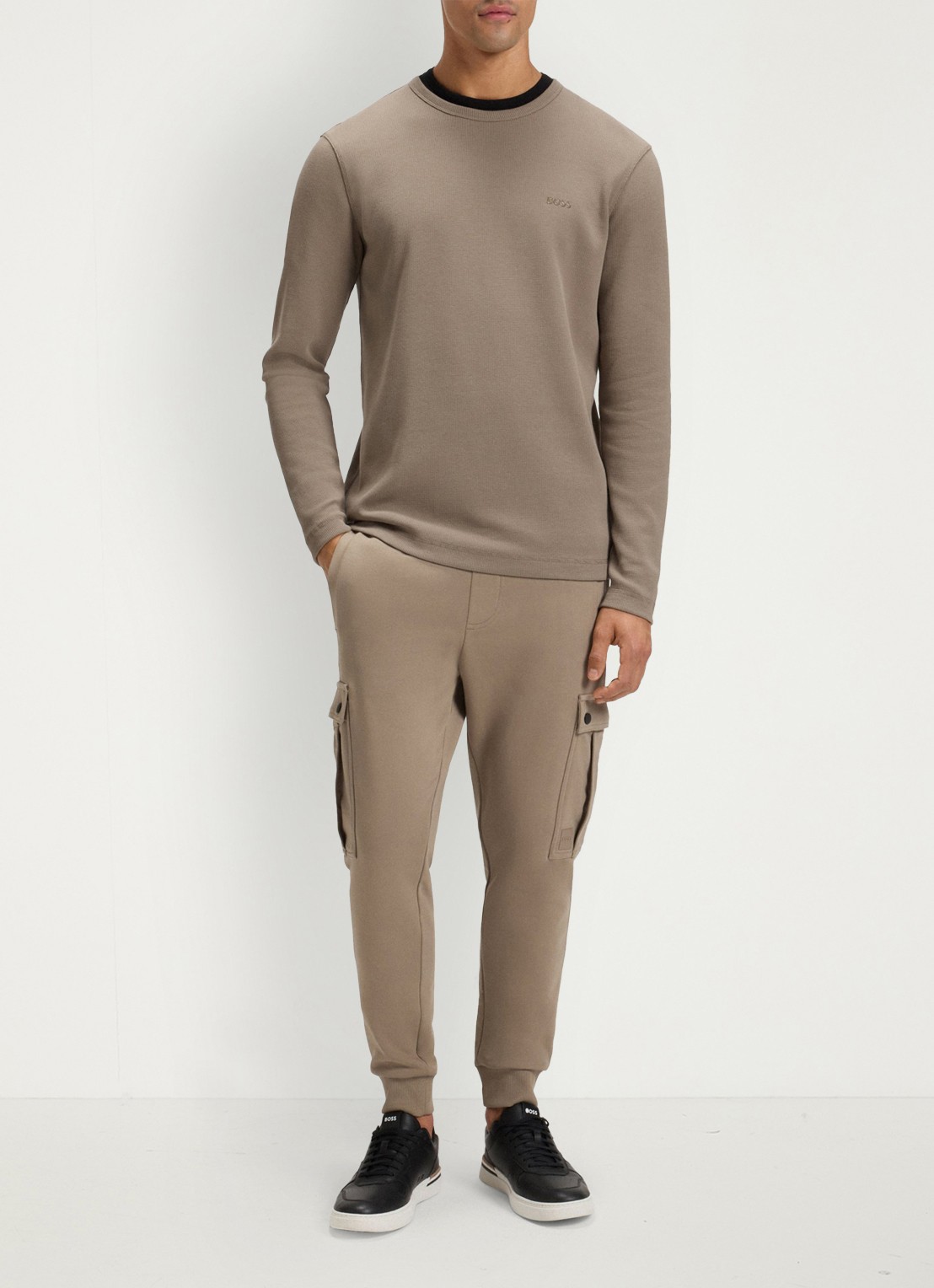 BOSS Tempesto longsleeve met structuur en logo - voorkant 3 khaki