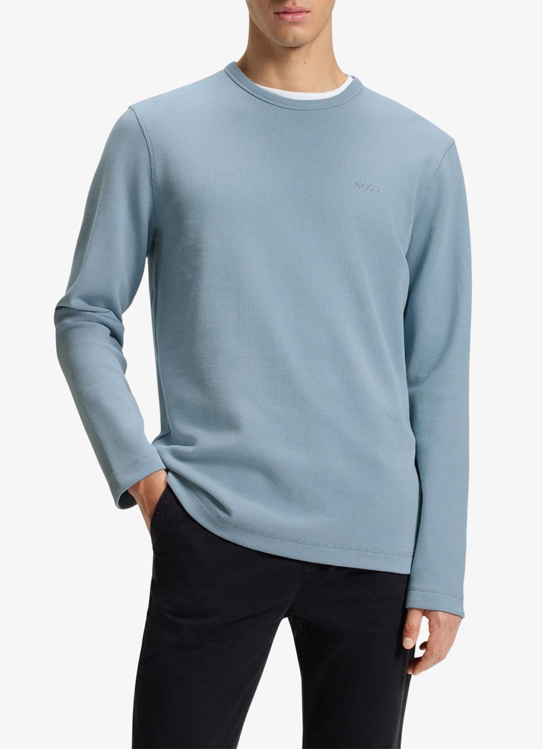BOSS Tempesto longsleeve met structuur en logo - detail 4 lichtblauw