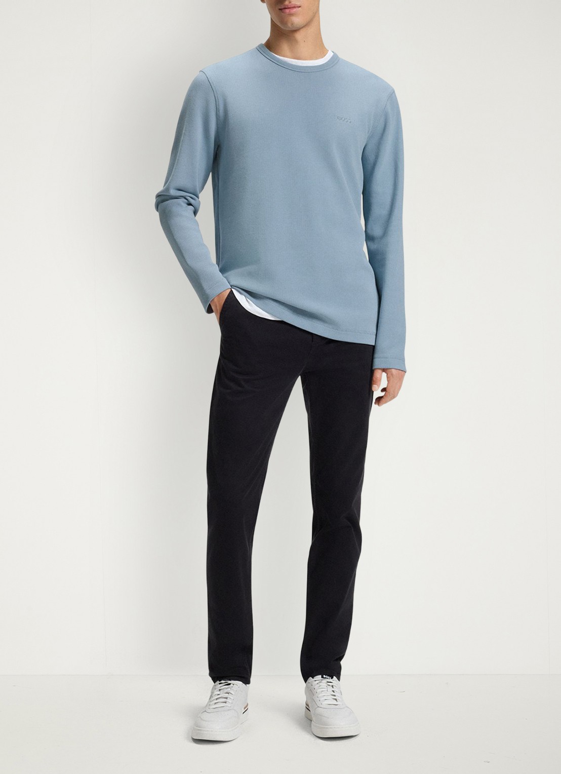 BOSS Tempesto longsleeve met structuur en logo - voorkant 3 lichtblauw