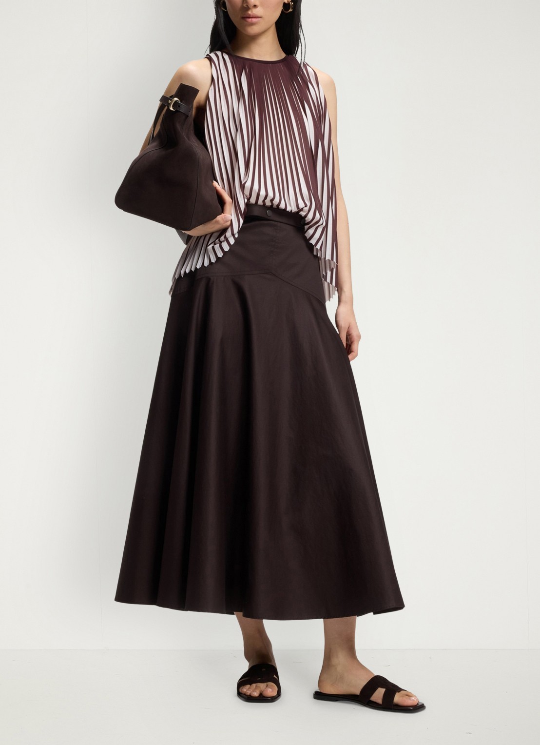 BOSS Vusola midi rok met ceintuur - voorkant 2 dark brown-207 / bruin