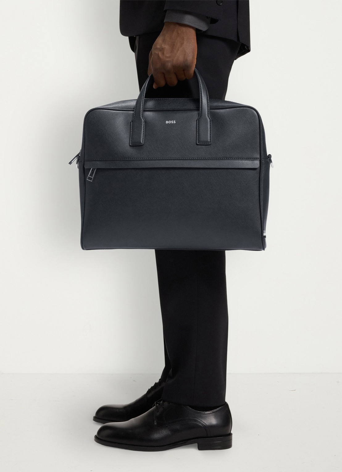 BOSS Zair businesstas van leer met 15 inch laptopvak - voorkant 3 zwart