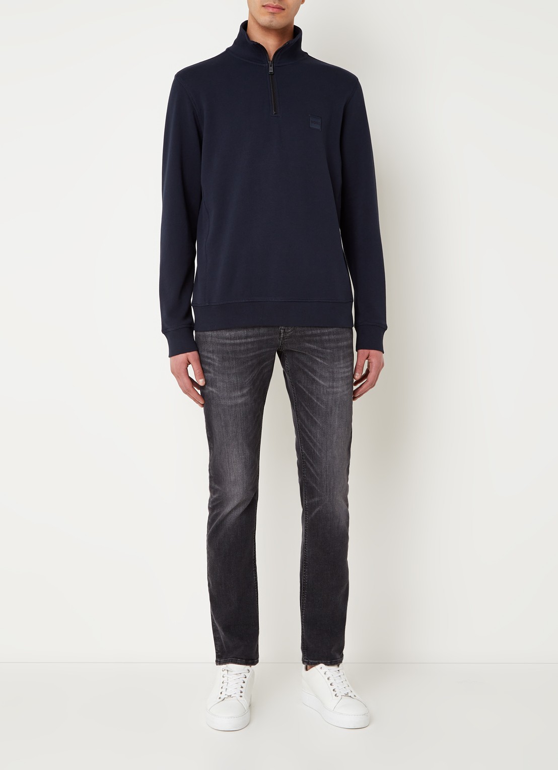 BOSS Zetrust sweater met logo en halve rits  - voorkant 2 dark blue-404 / blauw