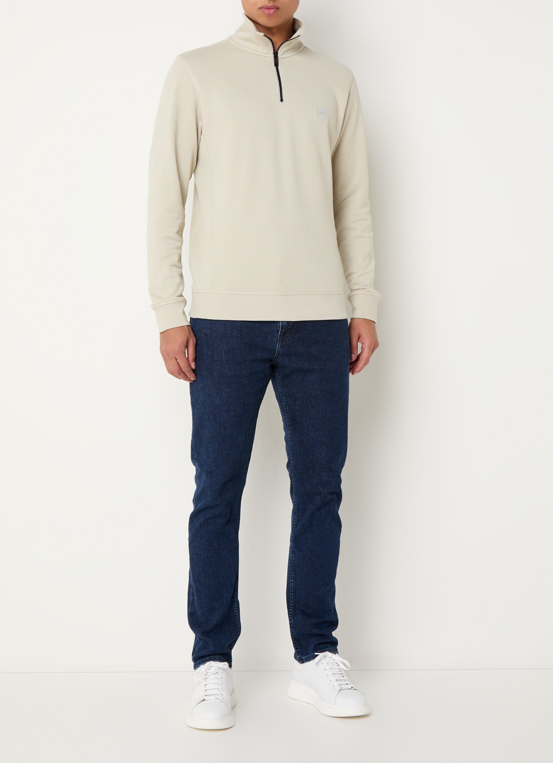 BOSS Zetrust sweater met logo en halve rits  - voorkant 2 light beige-271 / beige