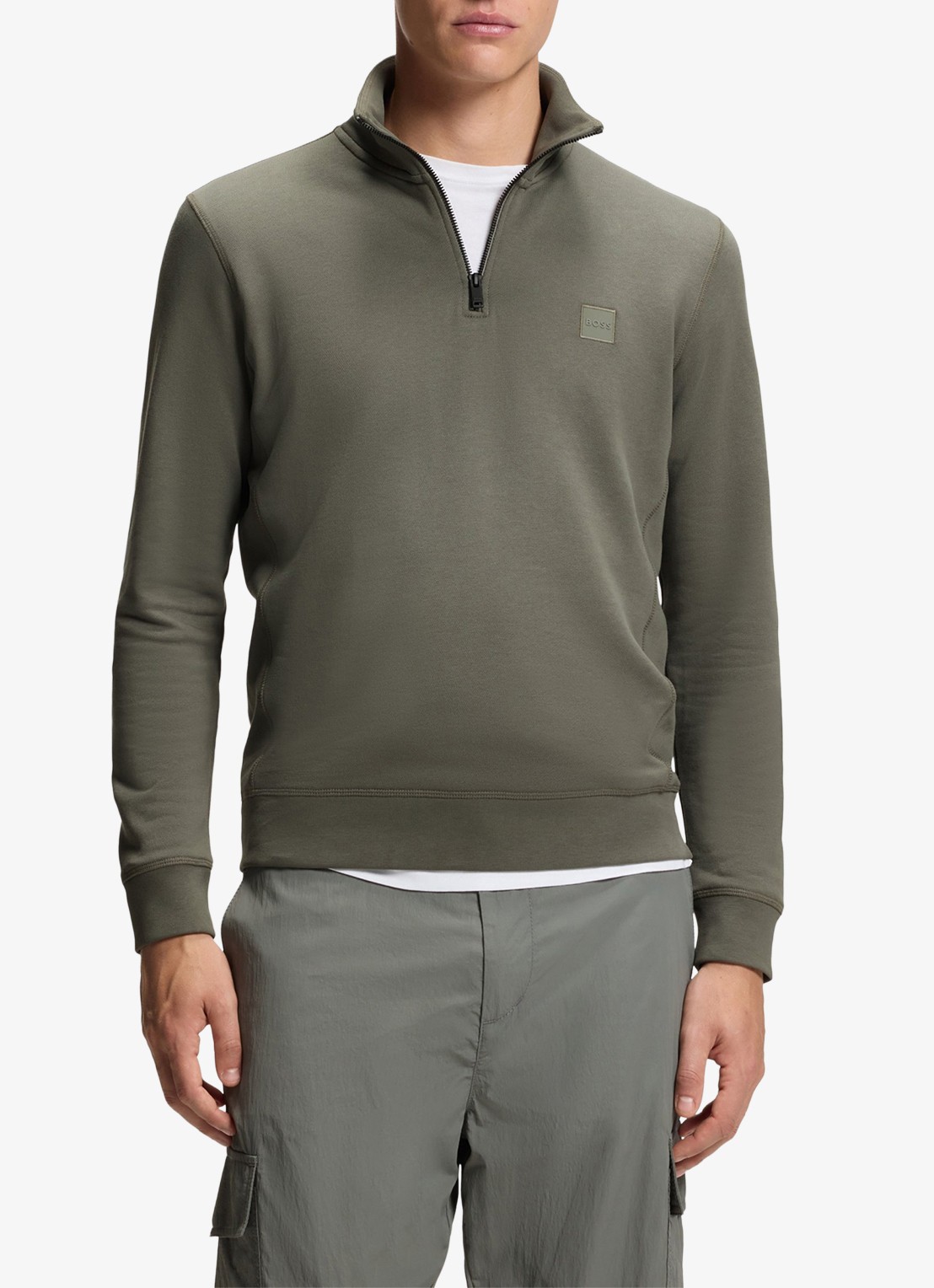 BOSS Zetrust sweater met logo en halve rits  - detail open grey-076 / grijs