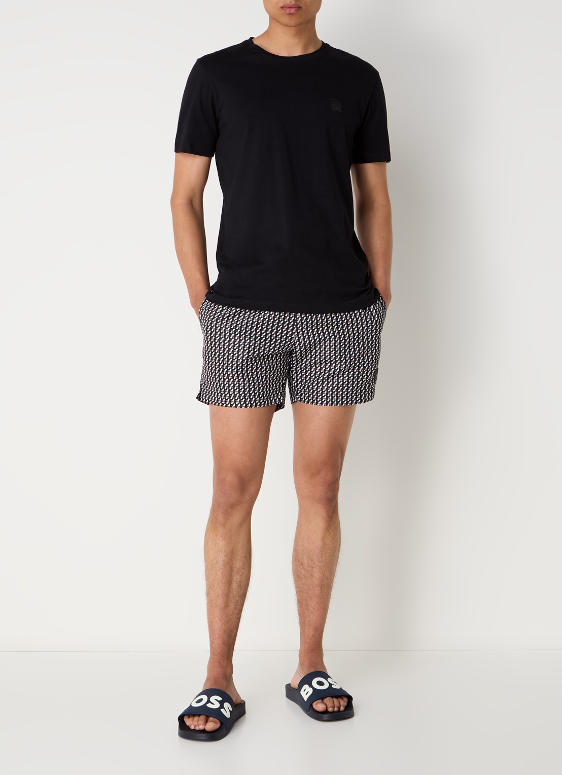 BOSS Zwemshort met microprint en logopatch - voorkant 3 black-001 / zwart
